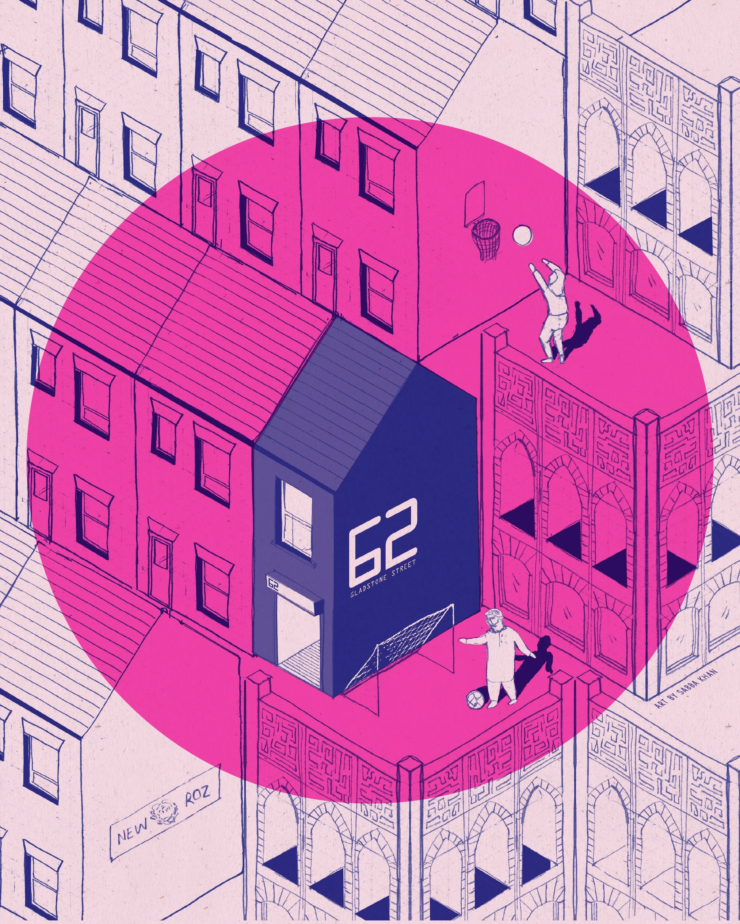 Line drawing of a multistory building with a rooftop terrace, a basketball hoop, and two figures playing with a ball on the terrace, with pink shading and technical details.