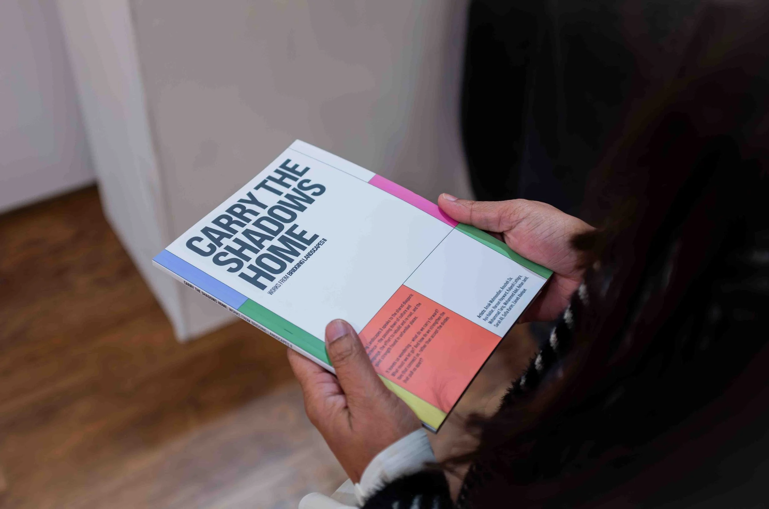 Person holding a book titled 'Carry the Shadow Home' with colorful border, in a room with hardwood flooring and white walls.