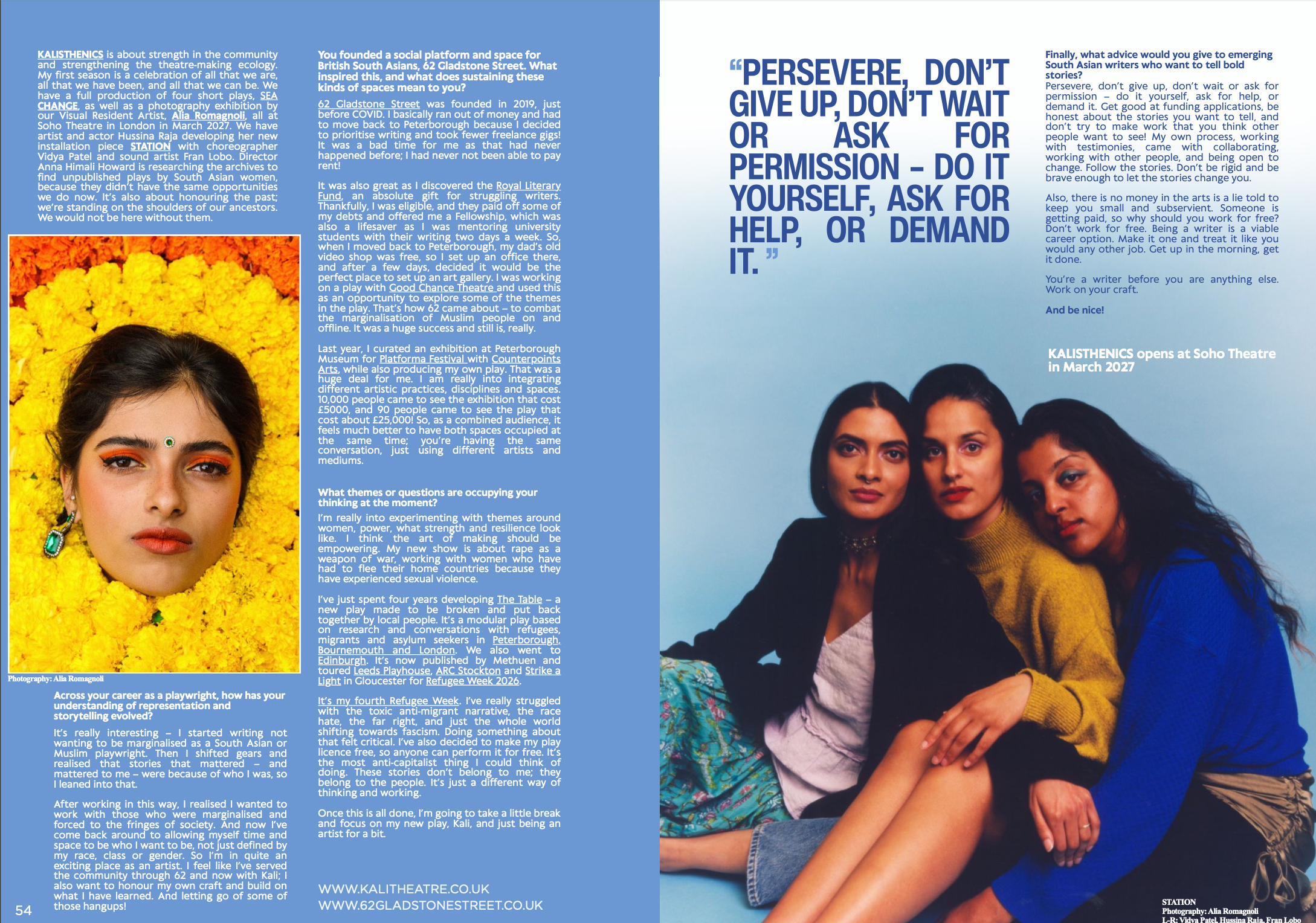 A magazine page with an article about South Asian women, featuring a large photograph of three women with dark hair, sitting closely together against a blue background. The article also includes smaller pictures, one of a woman surrounded by yellow m