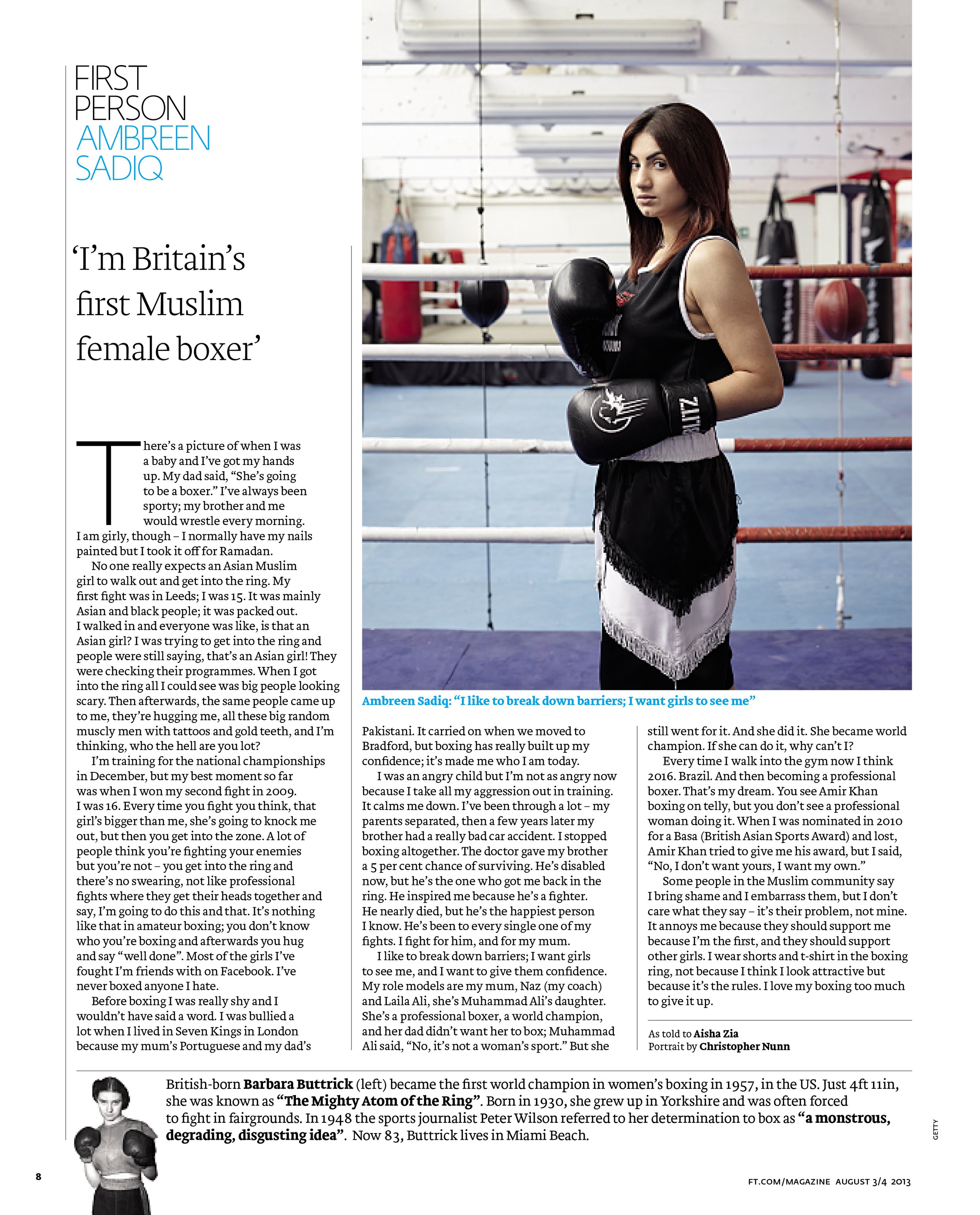 A magazine page featuring an interview with Ambreen Sadiq about her boxing career and breaking barriers as the first Muslim female boxer in Britain. The page includes a photo of Ambreen Sadiq in boxing attire standing inside a boxing gym, with boxing