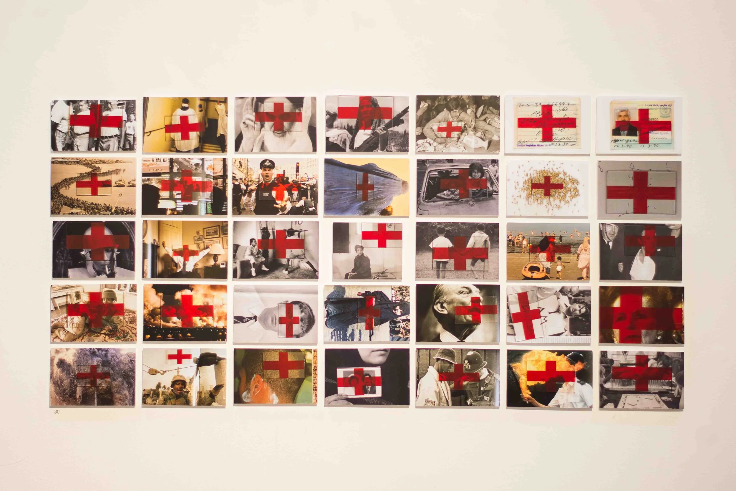 A collage of multiple photographs depicting various scenes and people, each overlaid with a red cross symbol.