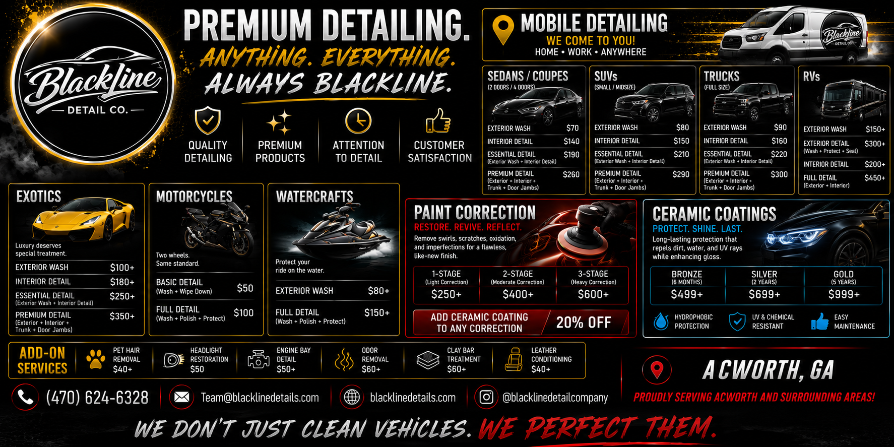 Flyer for Blackline Detail Co. showcasing premium vehicle detailing services including exterior wash, interior detail, and ceramic coatings for sedans, SUVs, trucks, RVs, exotics, motorcycles, and watercraft. Features a mobile detailing van and contact information, with pricing details and add-on services like pet hair removal and engine bay detail.