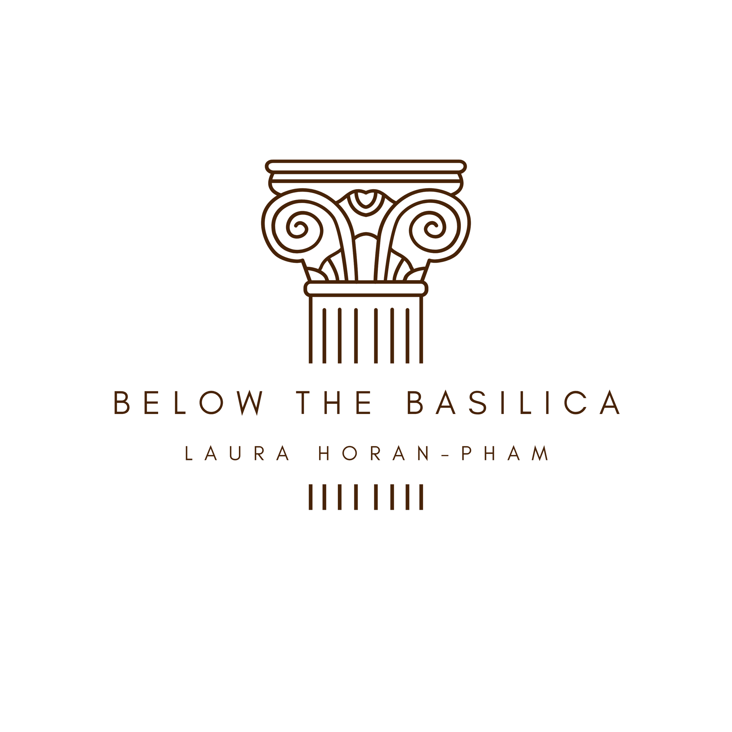 Illustration of a classical column capital with the text 'Follow the Basileca' and 'Laura Horan-Pham' beneath it.