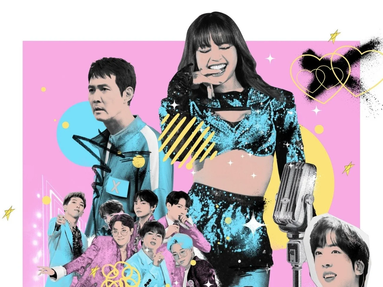 Colourful collage featuring K-pop stars, with decorative elements like hearts, stars, and scribbles.
