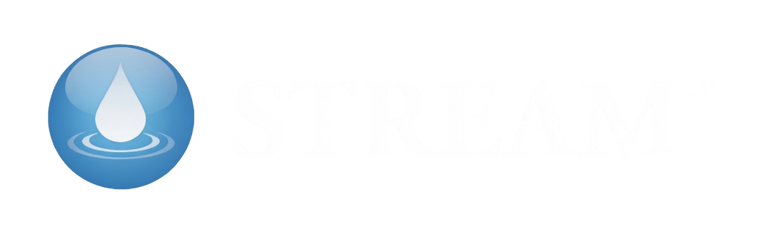 Logo with a water droplet inside a blue sphere and the word 'Stream' next to it, this is the logo for TechMist STREAM.