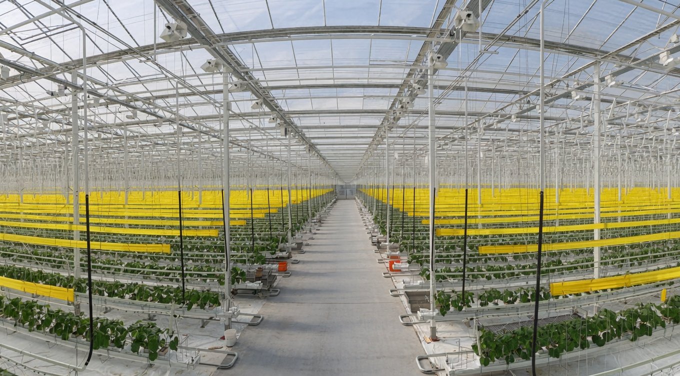 Inside a large commercial greenhouse with rows of green plants growing. This is a large greenhouse previously disinfected by TechMist.