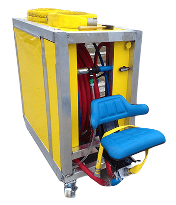 Portable TechMist STREAM cleaning cart with yellow color and aluminum body, holding hoses and cleaning equipment, with a blue chair attached.