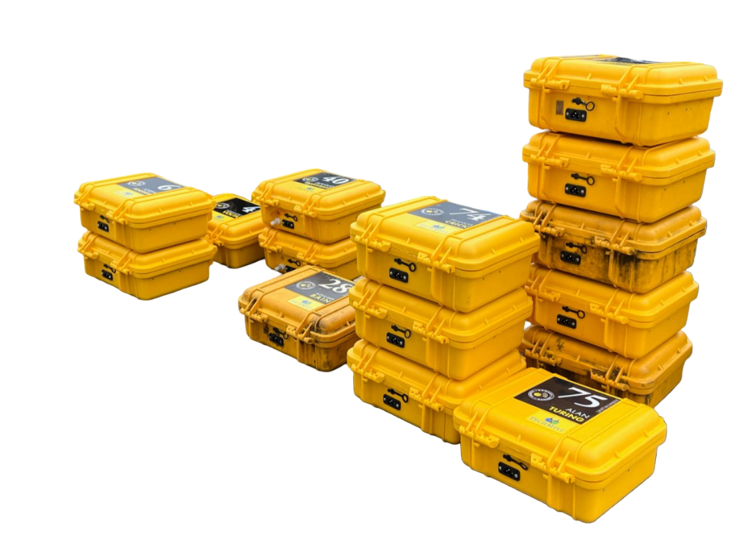 Multiple yellow protective cases resembling equipment cases or storage containers. This is a CANARY sensor that is used to read the air quality during a TechMist SPARC disinfection.