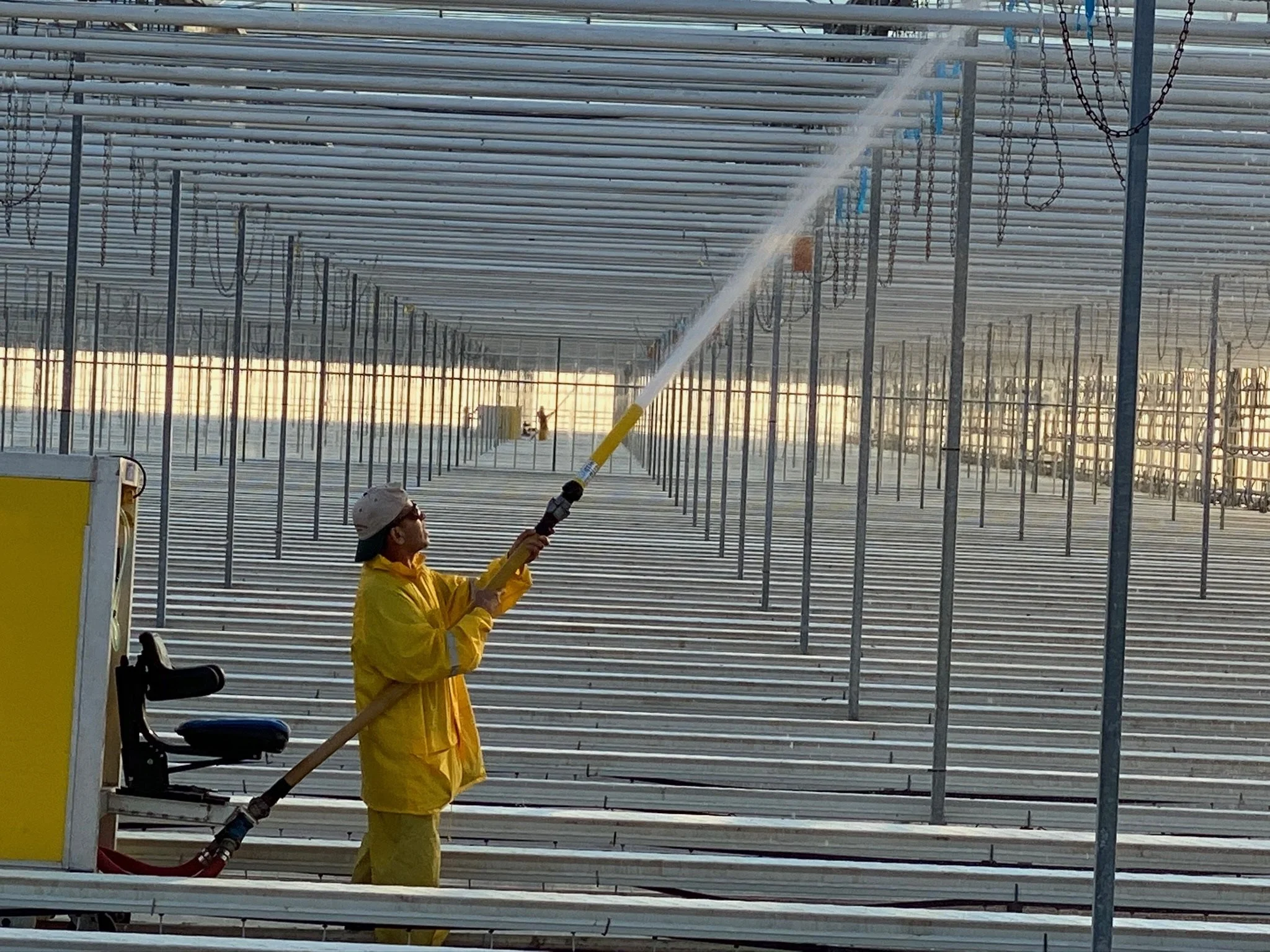 Young Menno Koehoorn spraying down an empty greenhouse.