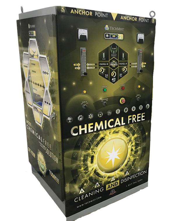 A machine labeled 'Chemical Free Cleaning and Disinfection' with controls, displays, and branding from TechMist, promoting a chemical-free cleaning solution. This is TechMist's SPARC machine that produces powerful hydroxyls that disinfect the space.