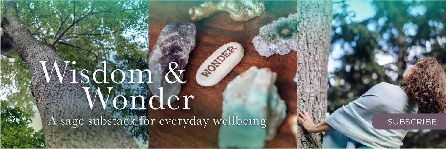 A collage of three images: a tree trunk with green leaves, various crystals and stones with the word 'WONDER' written on a white stone, and a woman hugging a tree in a forest setting. Text overlay reads, 'Wisdom & Wonder' and 'A sage substack for everyday wellbeing,' with a purple subscribe button.