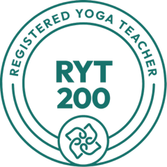 RYT 200 Registered Yoga Teacher logo with circular text and a lotus flower symbol.