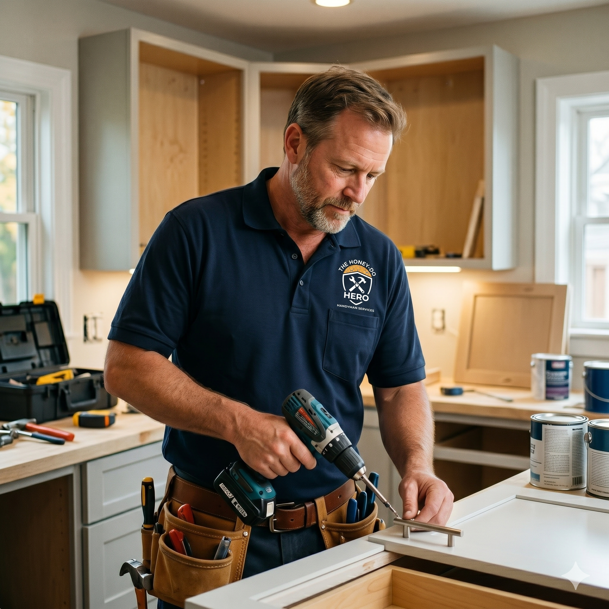 A man working on a woodworking project in a workshop, wearing a navy blue shirt with a handyman logo, holding a cordless drill, surrounded by tools and cans of paint.