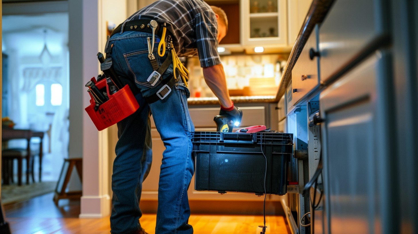 A handyman working in a kitchen, using a power drill from a toolbox on the floor, with tools attached to his belt, wearing jeans, a plaid shirt, and a tool belt.