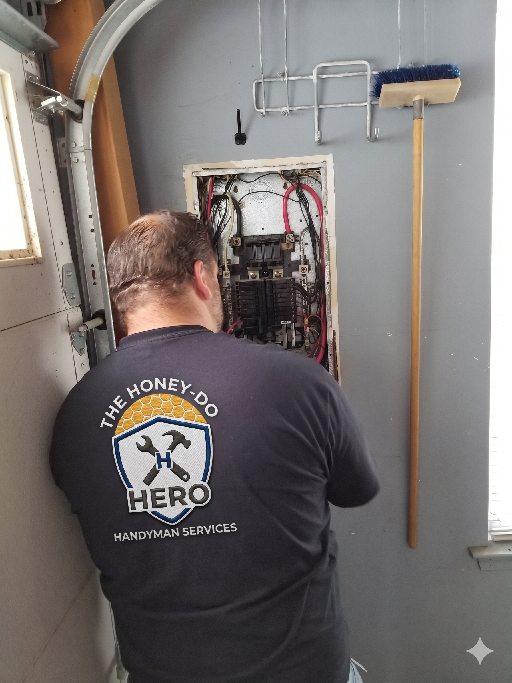 A handyman worker wearing a black T-shirt with a logo that reads 'HONEY-DO HERO HANDYMAN SERVICES,' is working on an electrical panel inside a room with gray walls. Tools are hanging on the wall next to the panel, including a blue-bristled brush and a scraper.