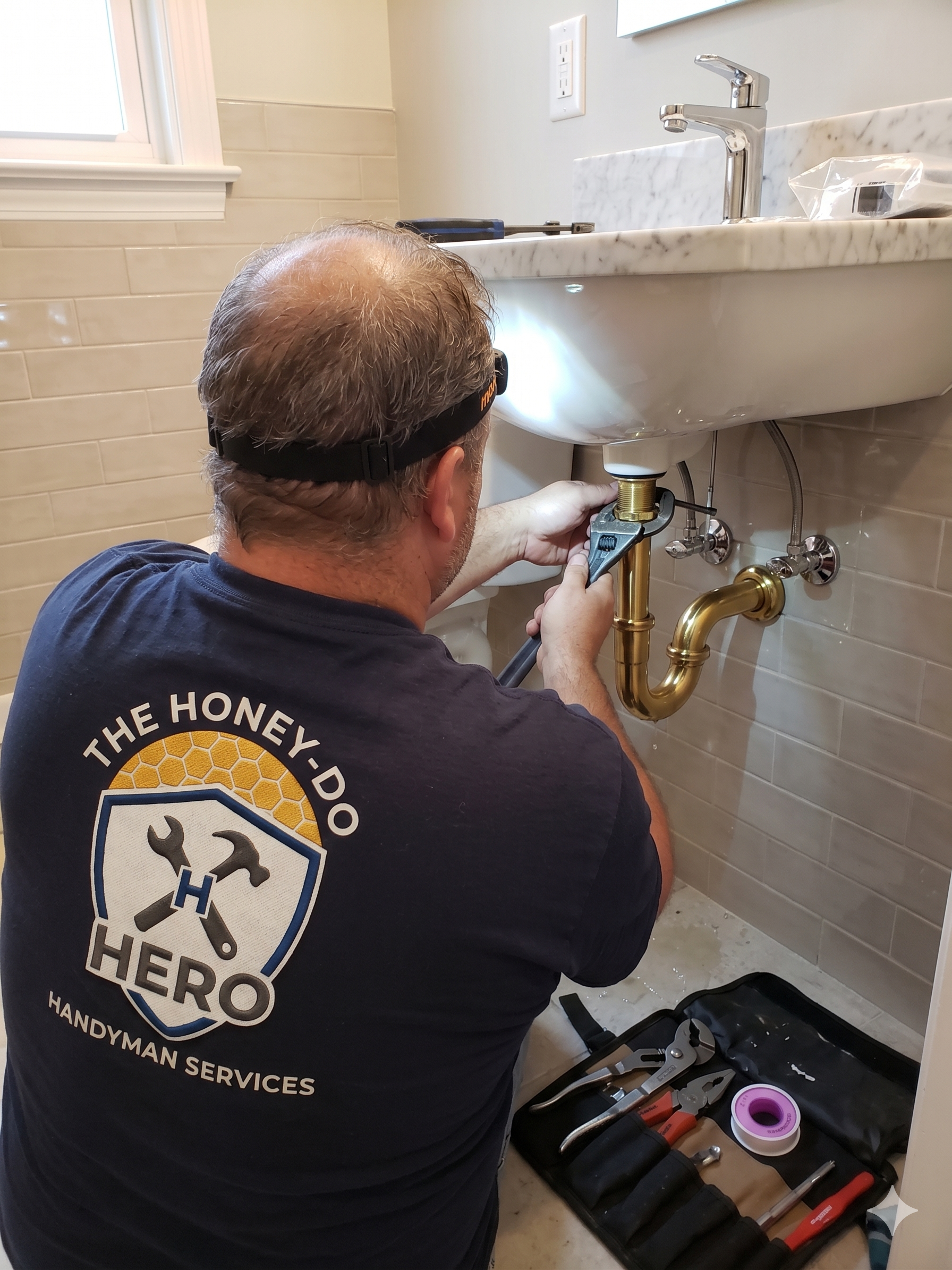A man wearing a black shirt with a handyman services logo and a headlamp is working on the plumbing underneath a sink.