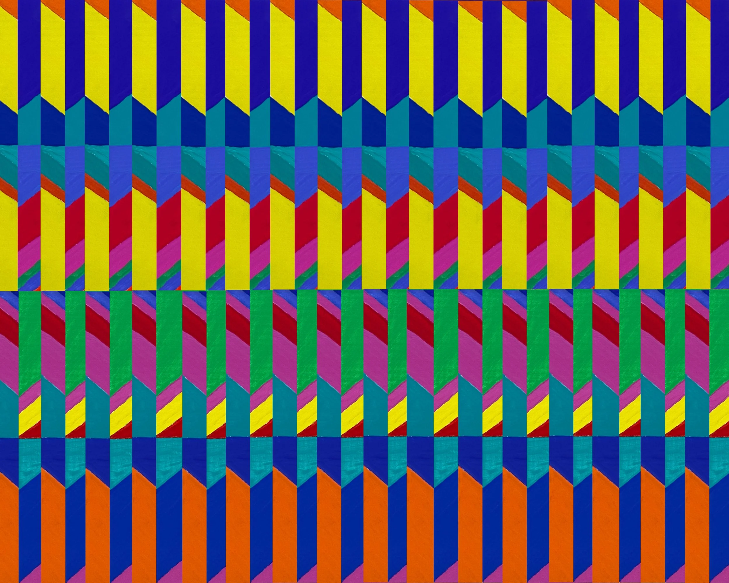 DRIFT NO. 6 - Acrylic on canvas board. Like No. 5, this piece draws on Pinwheel's optical pattern language, horizontal bands of repeating chevron units, each band in a different color key, marching across a landscape format with a precision that feel