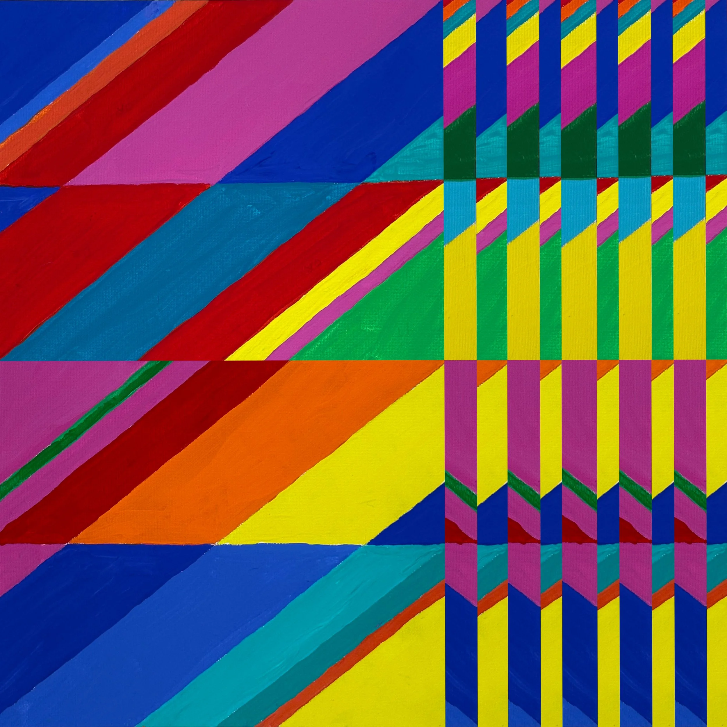 DRIFT NO. 5 - Acrylic on canvas board. A departure from the rest of the collection, nodding to techniques explored in the Pinwheel series. The composition splits cleanly into broad diagonal sweeps on the left half, a tight repeating comb pattern on t