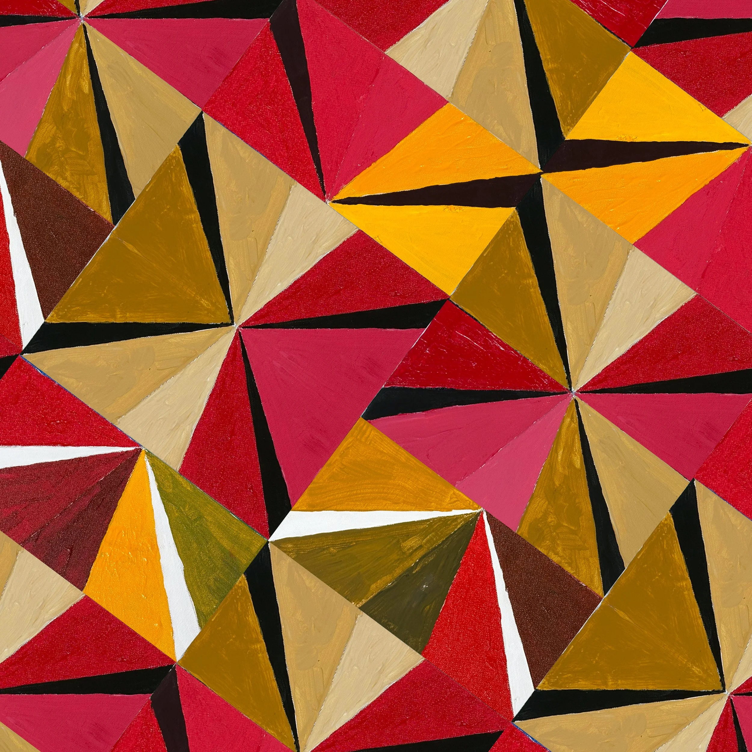 PINWHEEL NO. 7 - Acrylic on canvas board. Crimson, magenta, gold, and ochre in large, loosely arranged pinwheel units, the most painterly and tactile piece in the collection. Where other works in the series feel precise, this one feels felt. The hand