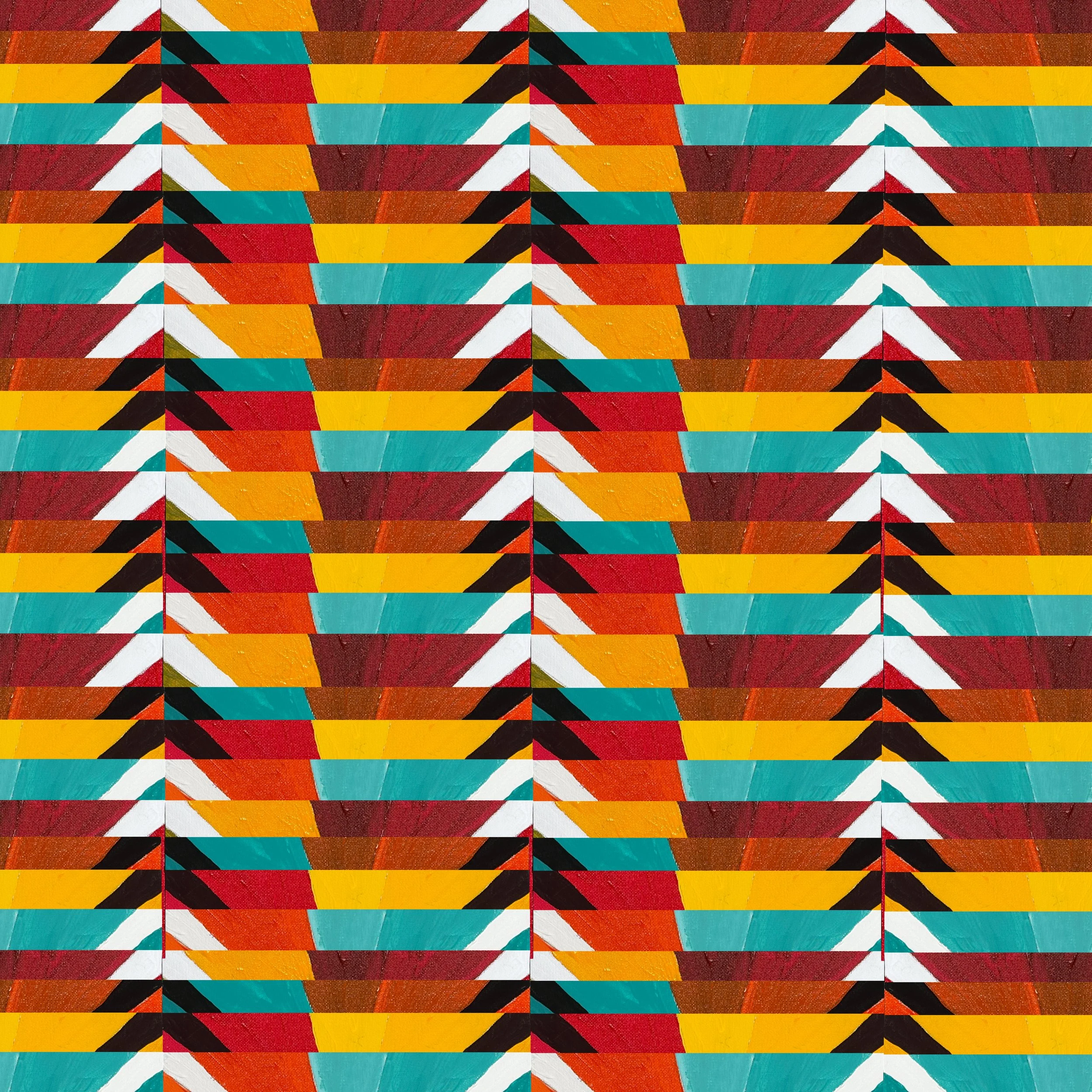 PINWHEEL NO. 2 - Acrylic on canvas board.  The temperature shifts dramatically. Gold, red, orange, and teal carry repeating white and black chevron arrows across the surface with an insistence that No. 1 withholds entirely. The same unit, the same lo