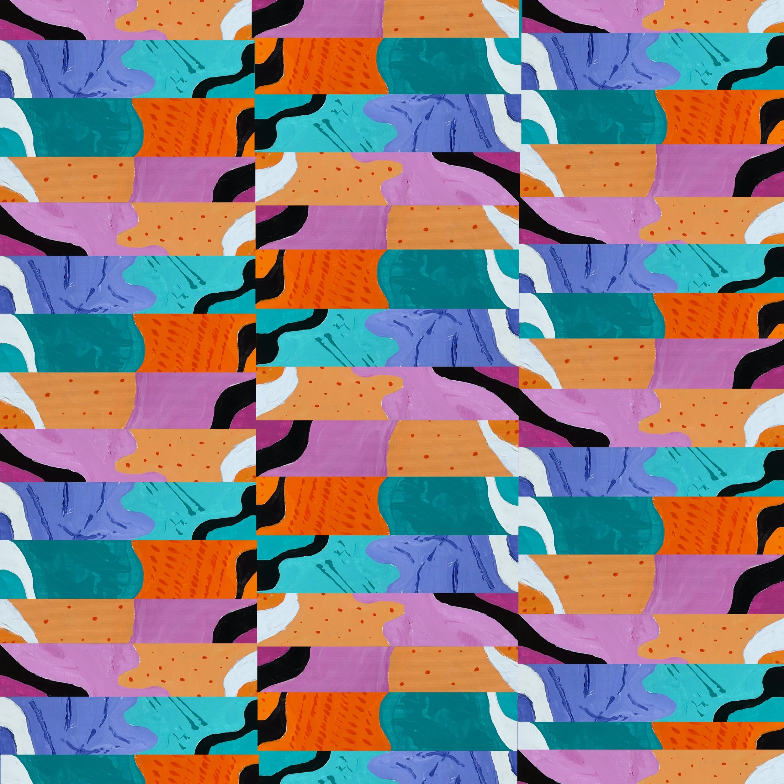 Splash No. 6 - Acrylic on canvas board. A vibrant abstract composition that layers bold color and organic shapes into a rhythmic, repeating pattern. Rich turquoise, lavender, orange, and black create a sense of movement and balance, inviting viewers 