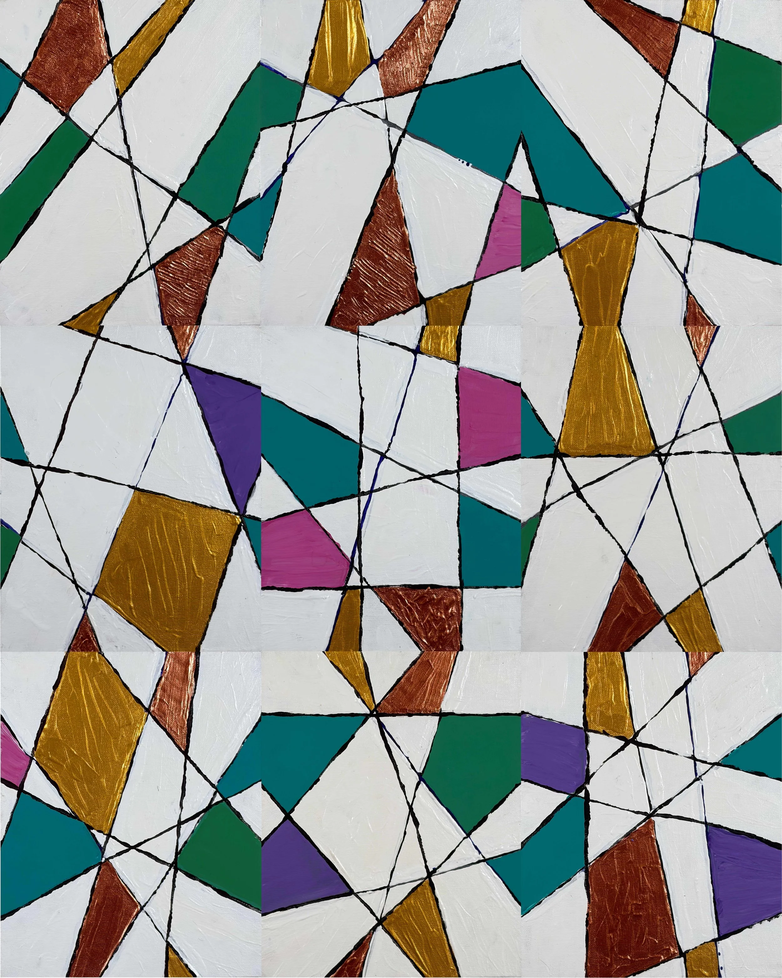 TABLE NO. 12 - Acrylic on canvas board. All nine panels created for the collection explore the interplay of geometric shapes, intersecting lines, and bold blocks of color. Rich tones of teal, mustard yellow, rust, magenta, and purple emerge against a