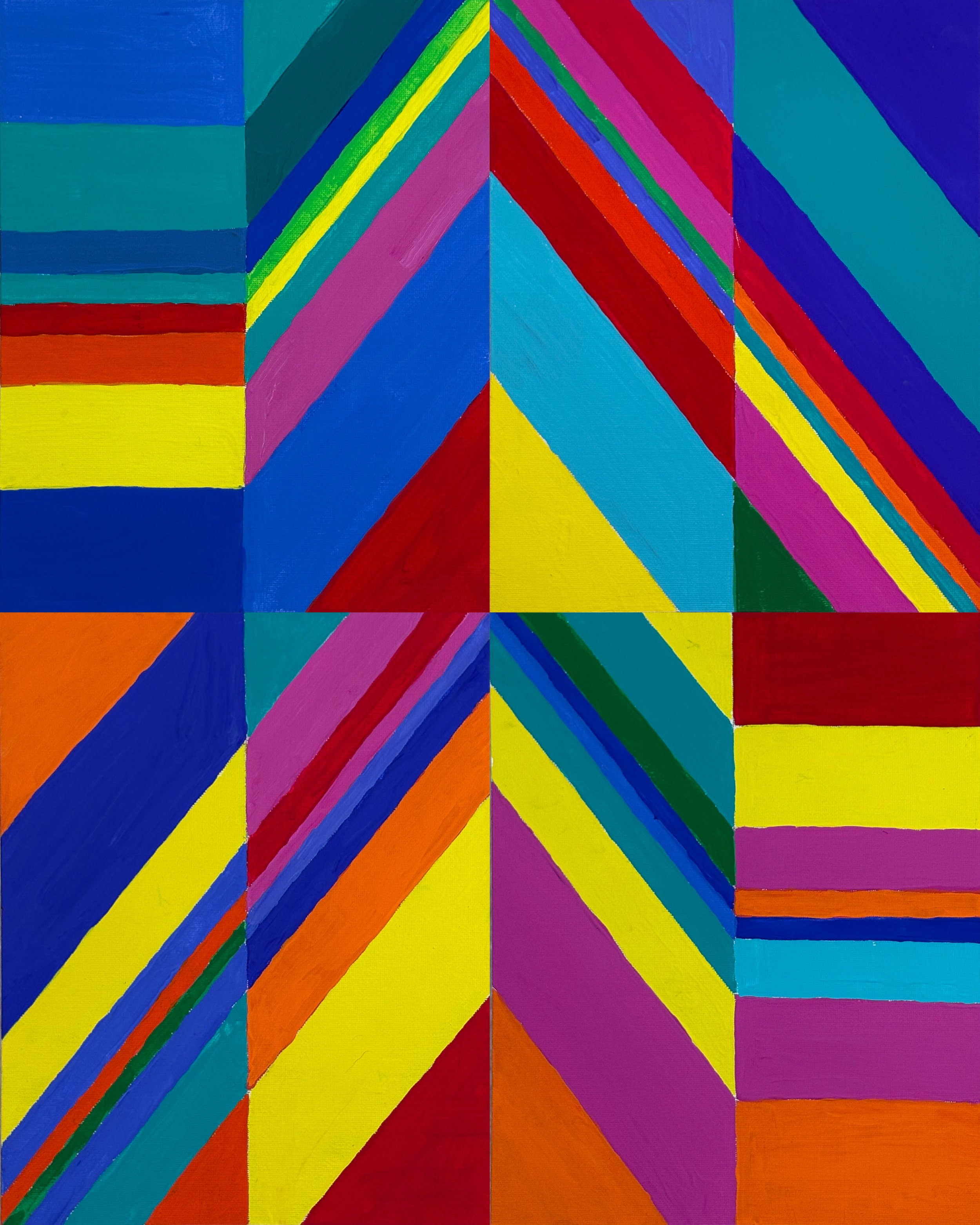 DRIFT NO. 2 - Acrylic on canvas board. Four panels, unmodified. A strong chevron movement drives through the center of the composition. The arrangement finds an unlikely coherence between colors that on their own might seem to have no business togeth