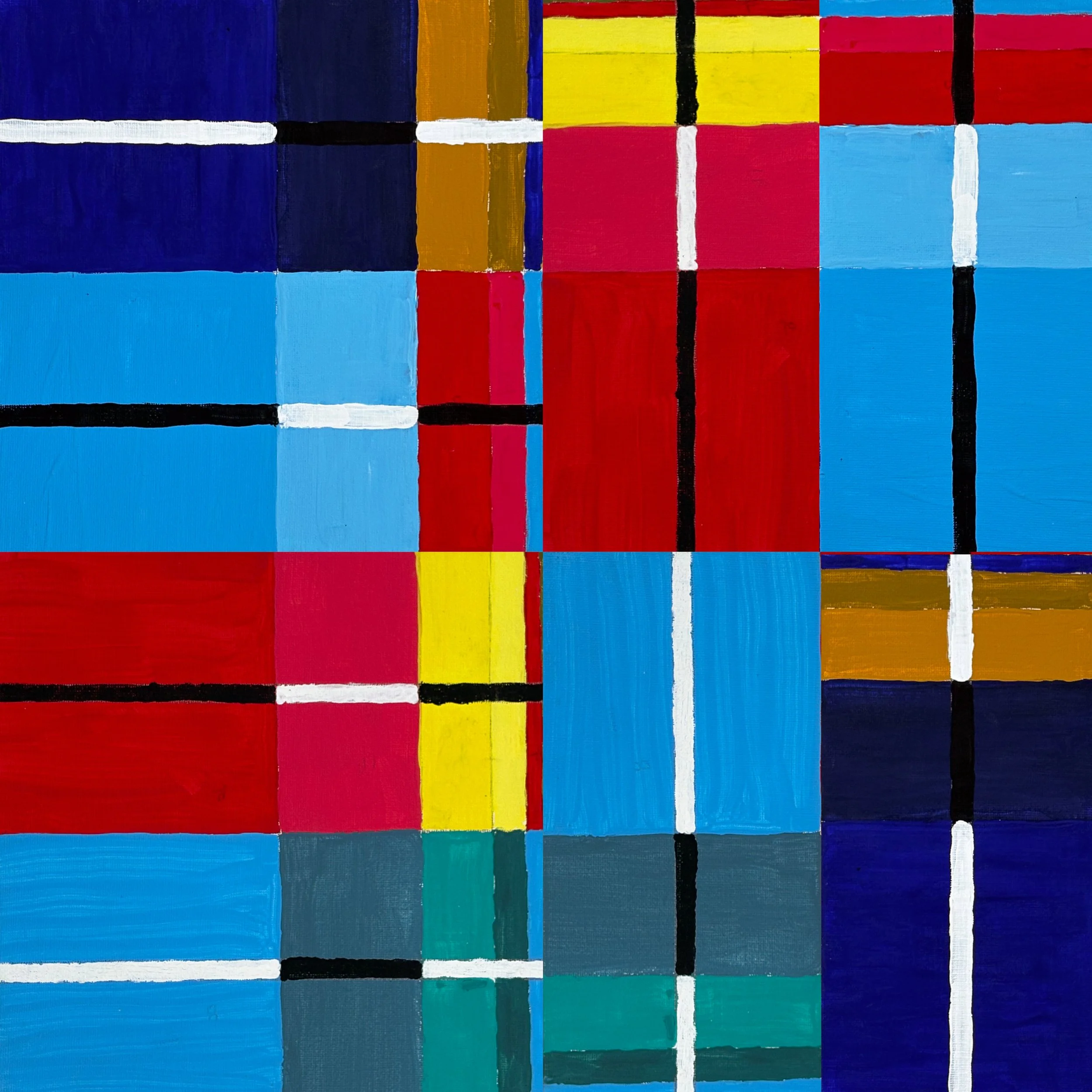 FIELD NO. 13 - Acrylic on canvas board.  Multiple panels, modified. Blue dominates, with red as a strong counterweight and yellow as punctuation. The composition is confident and relatively spare — the color logic feels settled here, like a system th