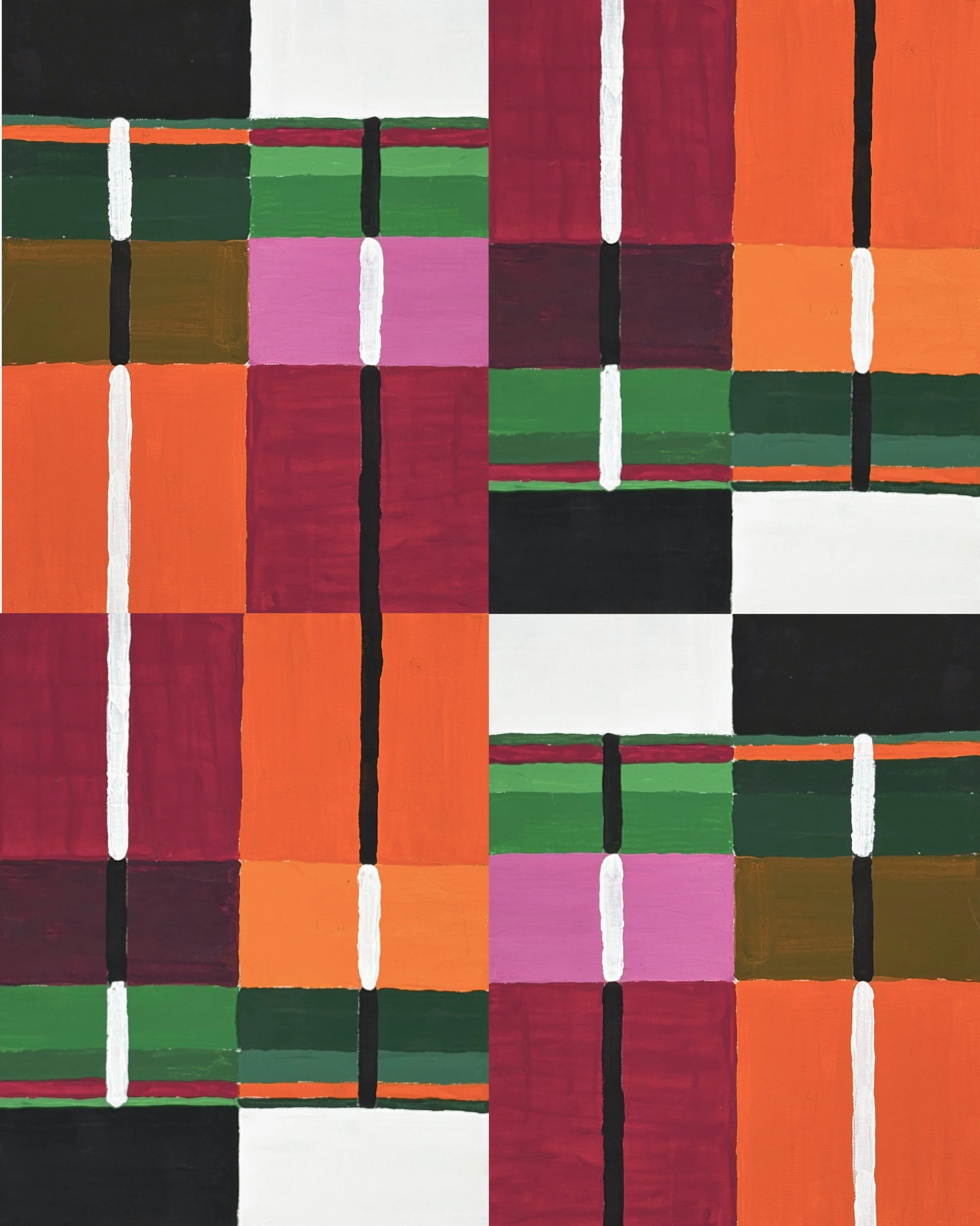 FIELD NO. 3 - Acrylic on canvas board.  Four panels, unmodified. The warmest and most saturated piece in the collection, crimson, burgundy, orange, and green pushed to their limits. The color logic is working at full intensity, and the result feels l