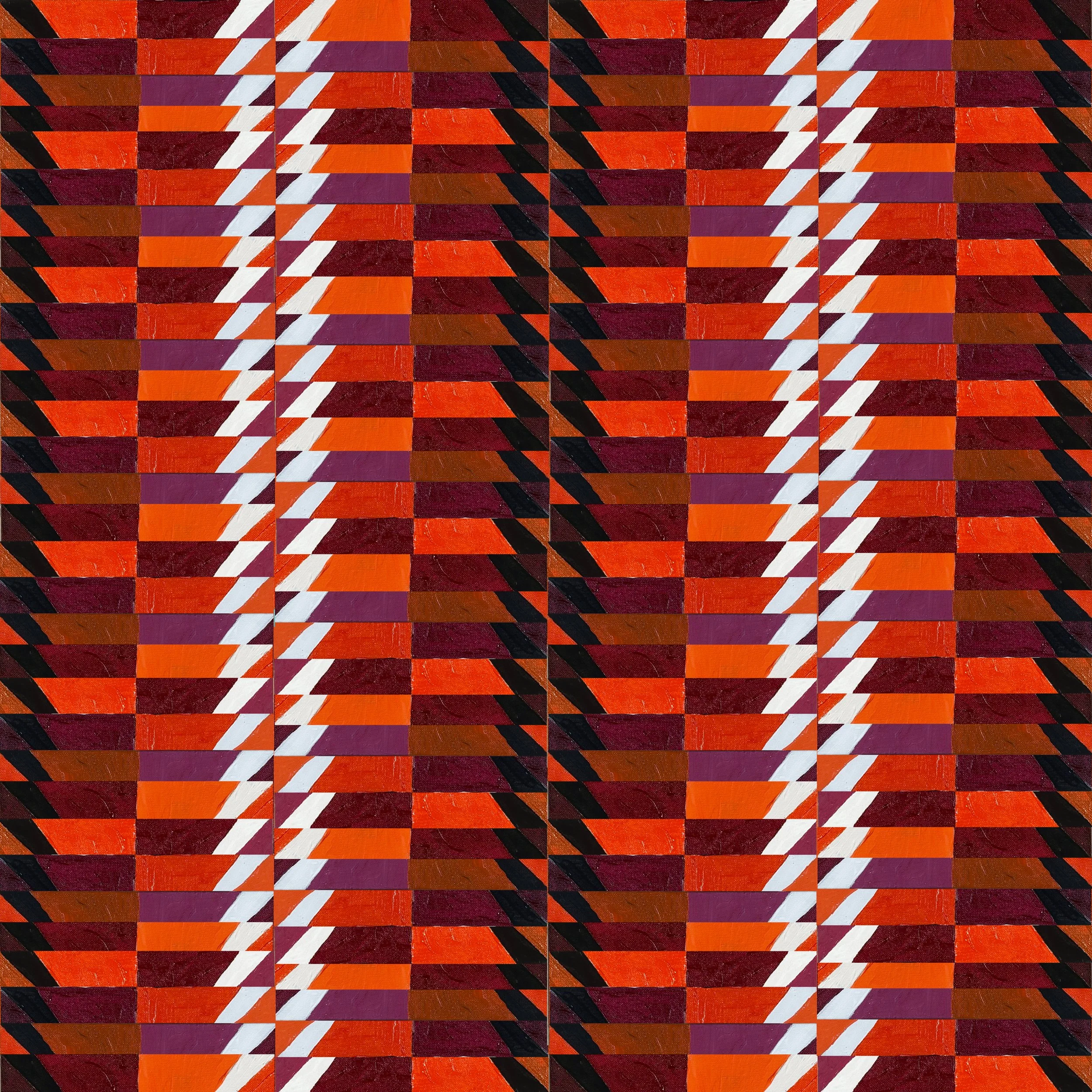 PINWHEEL NO. 9 - Acrylic on canvas board. The collection closes on heat. Deep orange, burgundy, and maroon with lavender and white zigzag columns, the same structural logic as No. 1, but urgent where No. 1 is calm. A strong, unambiguous finish. Avail