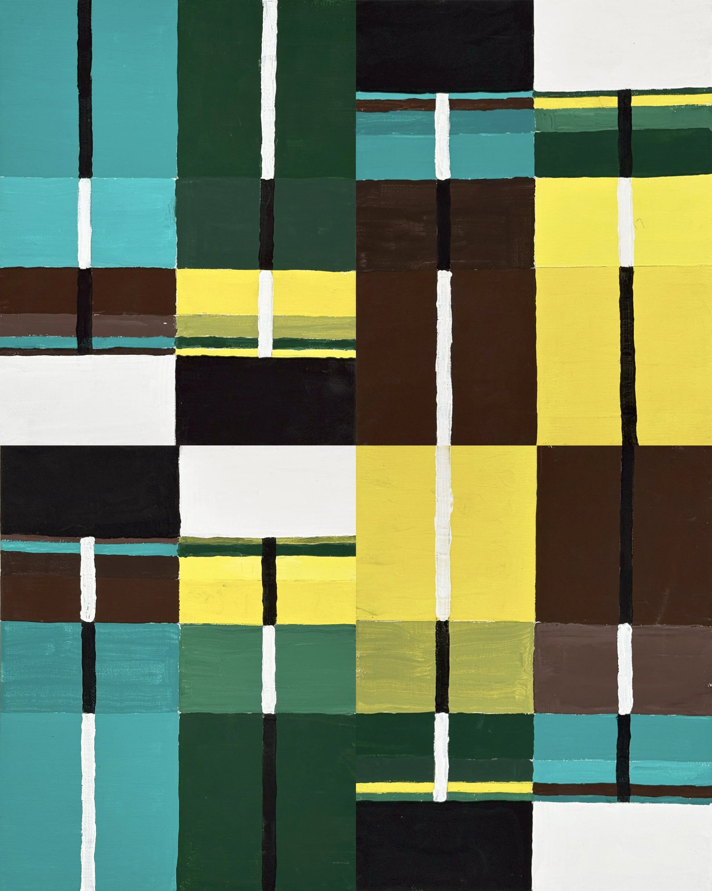 FIELD NO. 6 - Acrylic on canvas board.  Four panels, unmodified. A restricted palette of teal, dark green, yellow, and deep brown gives this piece a nocturnal quality unlike anything else in the collection. The yellow holds its own against the surrou
