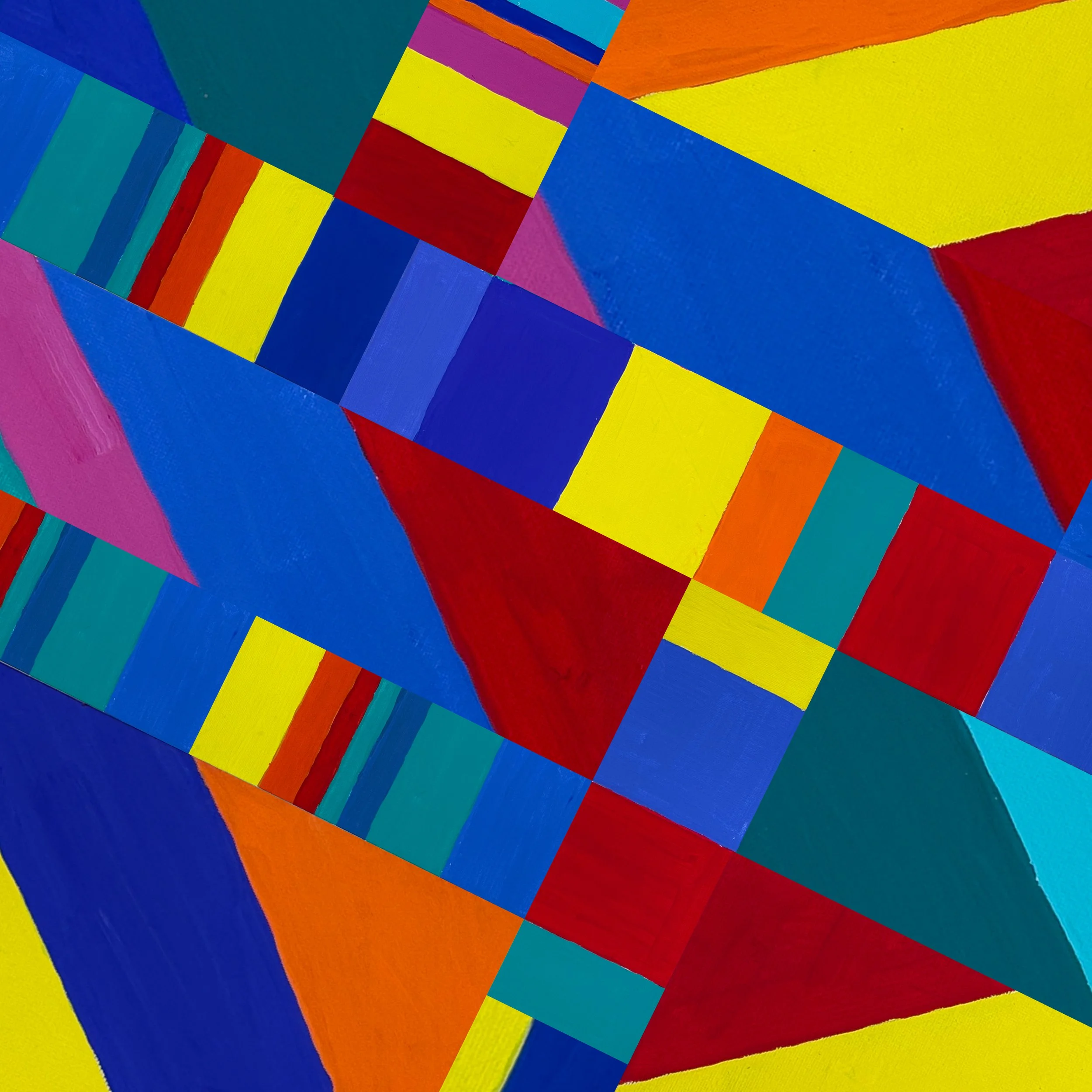 Colorful abstract artwork with various geometric shapes in bright colors such as yellow, blue, red, orange, pink, and green.
