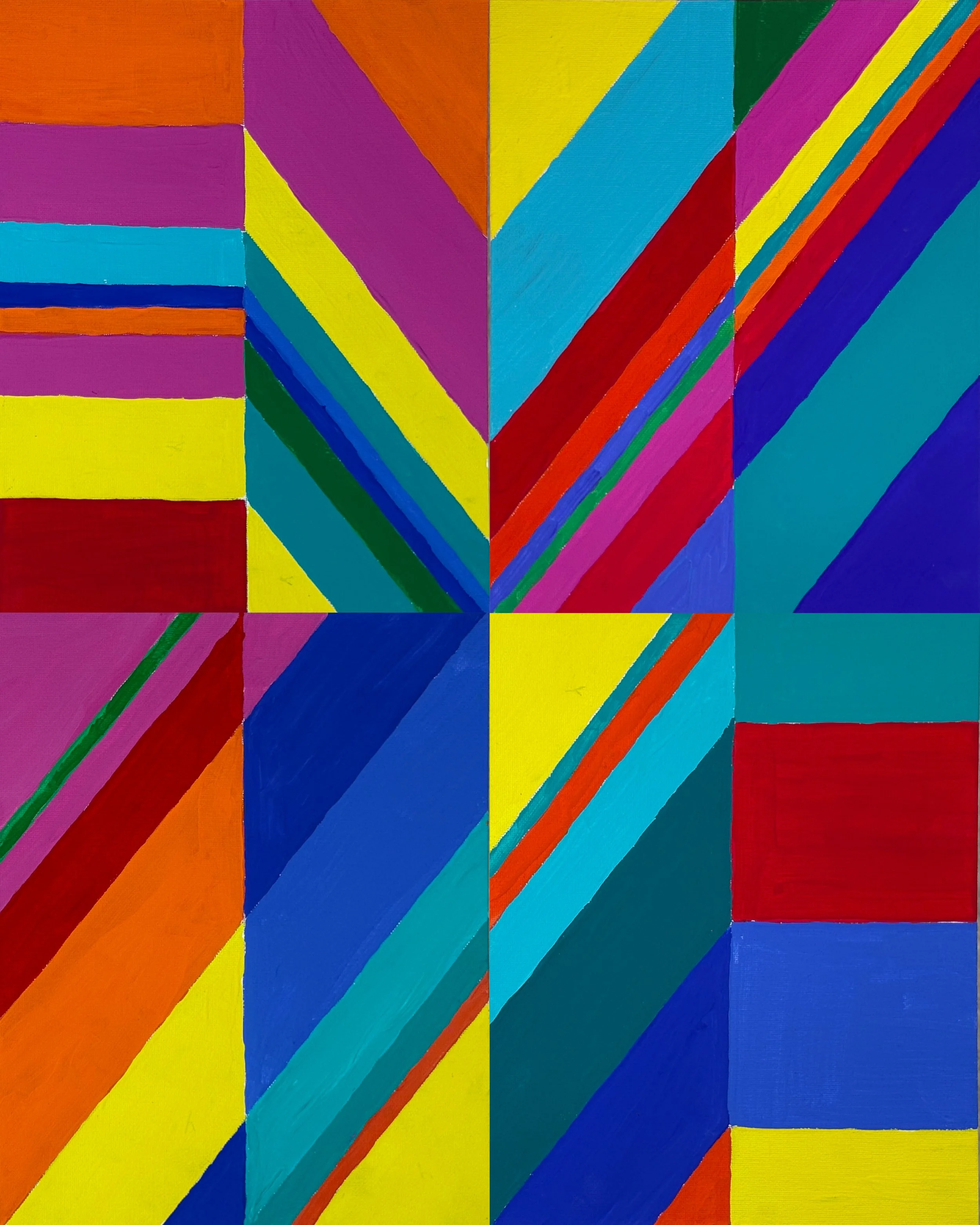 DRIFT NO. 4 - Acrylic on canvas board. Four panels, unmodified. A starburst convergence at the center sends energy outward in every direction, colors pulling against each other without resolving. The tension is the point. Available as an art print in