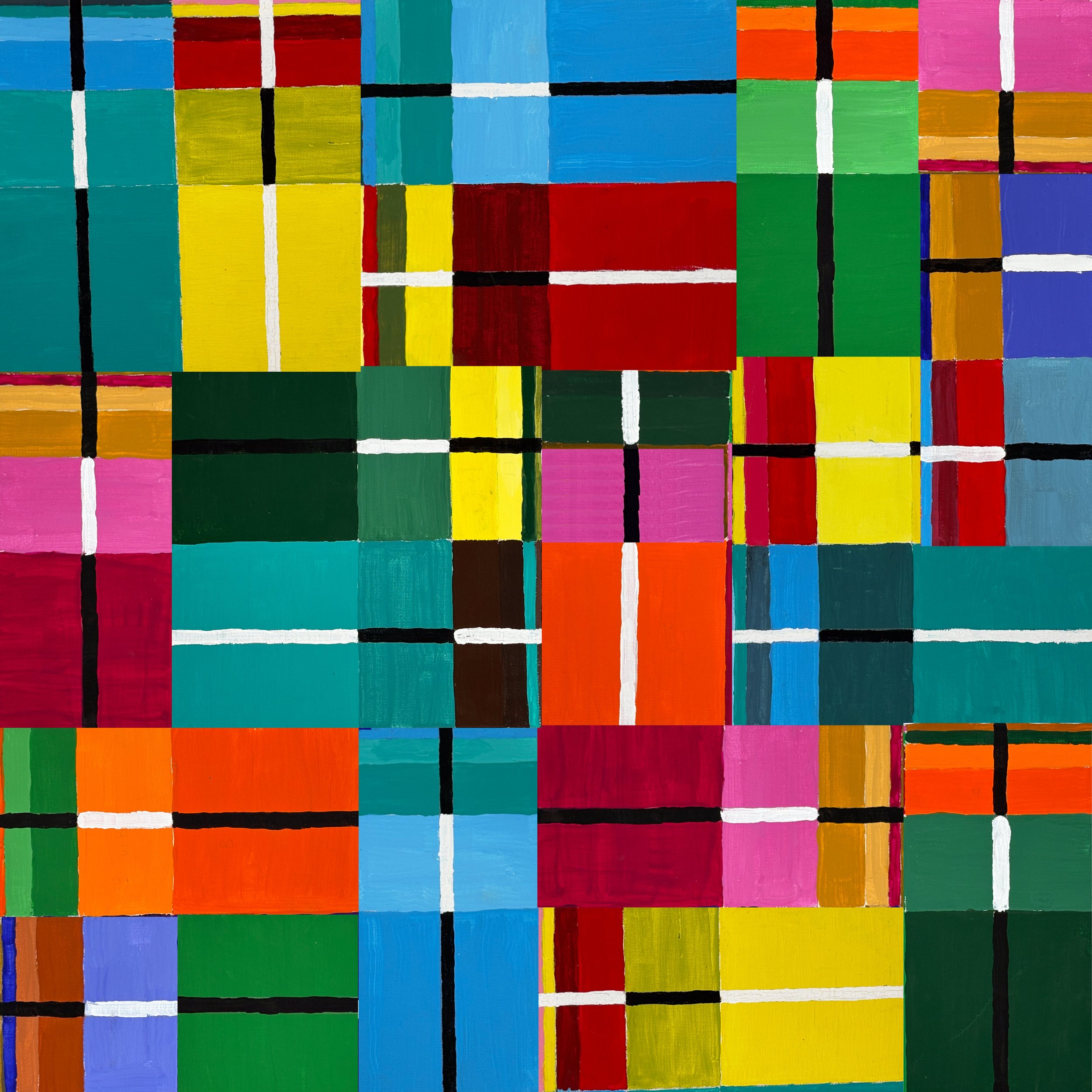 FIELD NO. 10 - Acrylic on canvas board.  Multiple panels, modified. Full spectrum with larger panel cells and more breathing room than No. 9 — warm orange, magenta, and yellow pushing forward in the lower half. The system at a slightly different scal