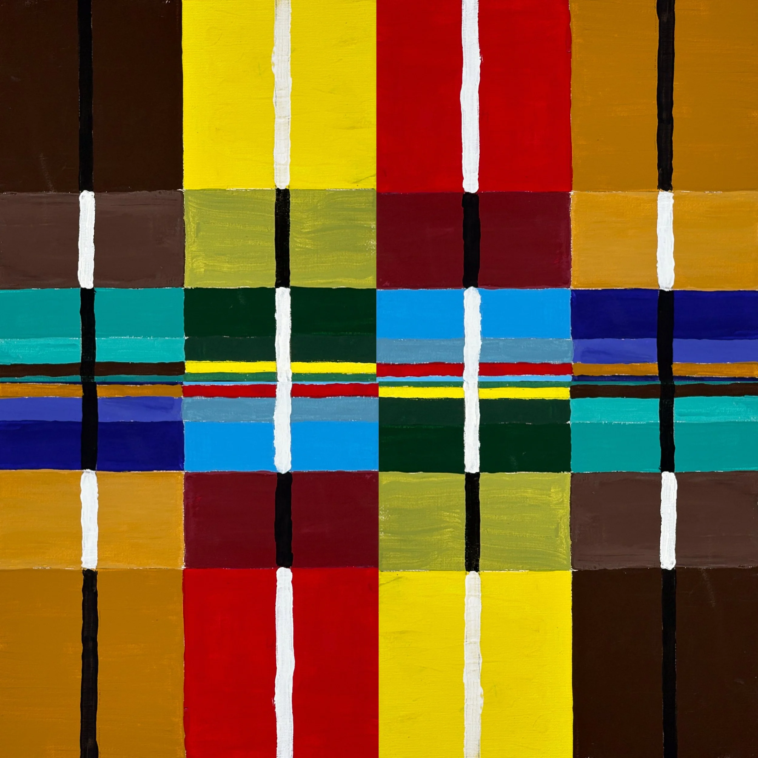 FIELD NO. 11 - Acrylic on canvas board.  Two panels, duplicated and modified. Earth tones anchor this piece — dark brown, ochre, olive, and burgundy — with cooler blues and teals cutting through the middle like water through dry ground. The most autu