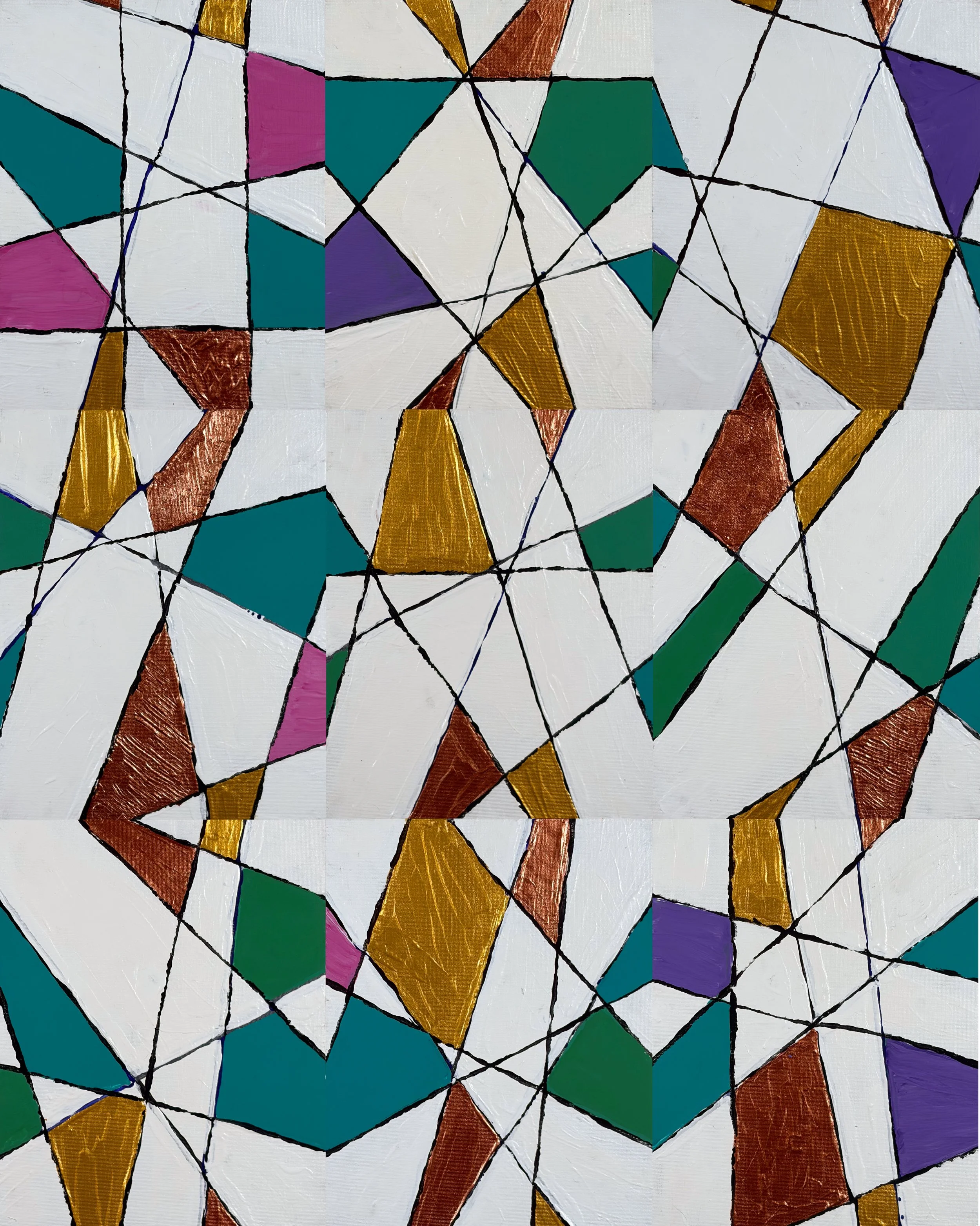 TABLE NO. 14 - Acrylic on canvas board. Another arrangement of all nine panels brings together bold geometric forms, expressive black lines, and a rich palette of teal, gold, rust, purple, and green. Layered shapes and intersecting lines create a dyn