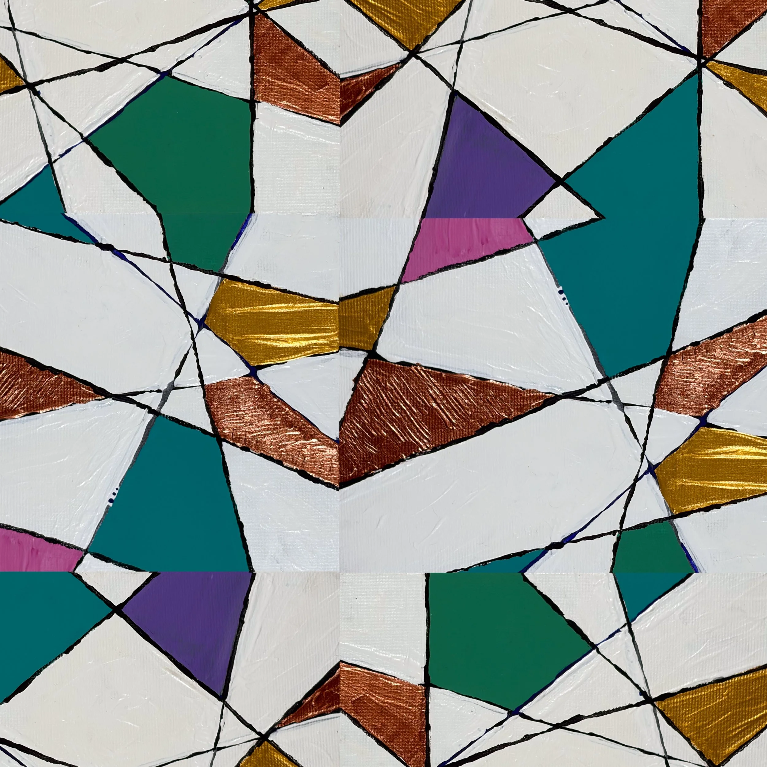 TABLE NO. 11 - Acrylic on canvas board. This dynamic abstract composition brings together bold geometric forms, expressive black lines, and a rich palette of teal, emerald, violet, ochre, and copper. Layered shapes and intersecting lines create a sen