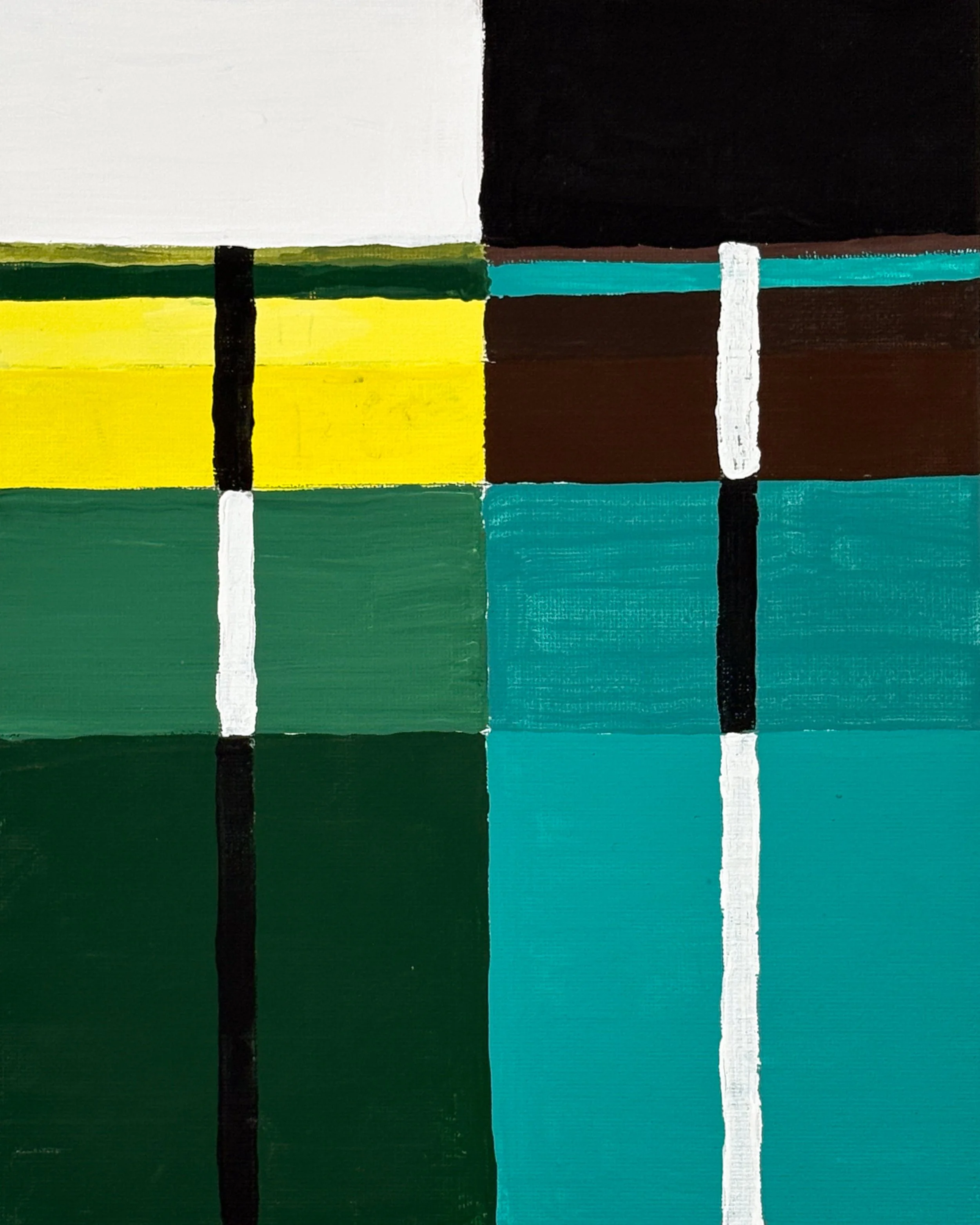 PANEL STUDY NO. 2 - A ield panel in a cool, earthy arrangement, dark green and teal filling the lower two-thirds, with a yellow band cutting across the middle as a strong punctuation mark. The restraint here is deliberate, and it holds. Available as 