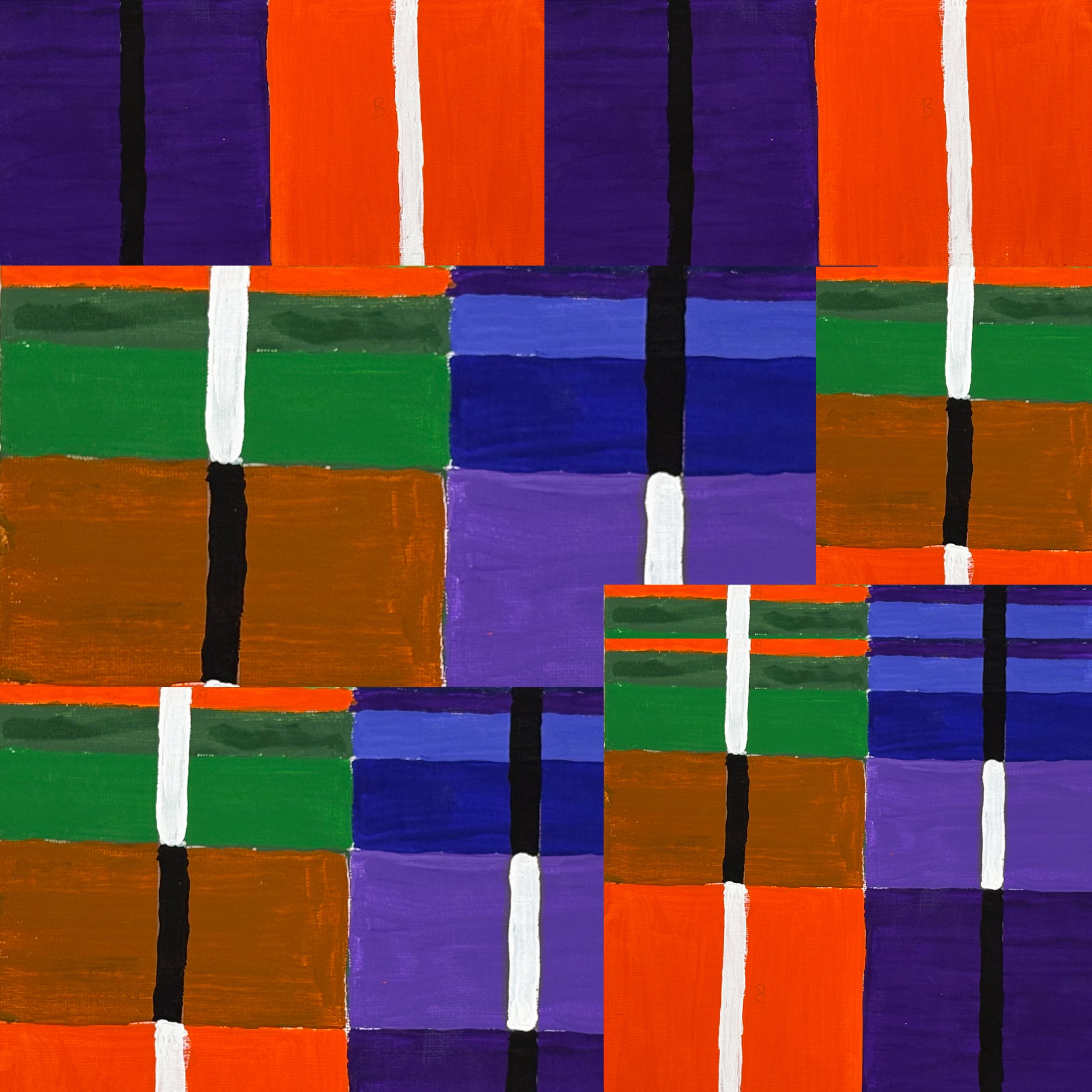 FIELD NO. 8 - Acrylic on canvas board.  One panel, duplicated and modified. An outlier in the collection, the duplication and arrangement of a single panel produces something unexpected: less a field than a skyline, with stacked color blocks reading 