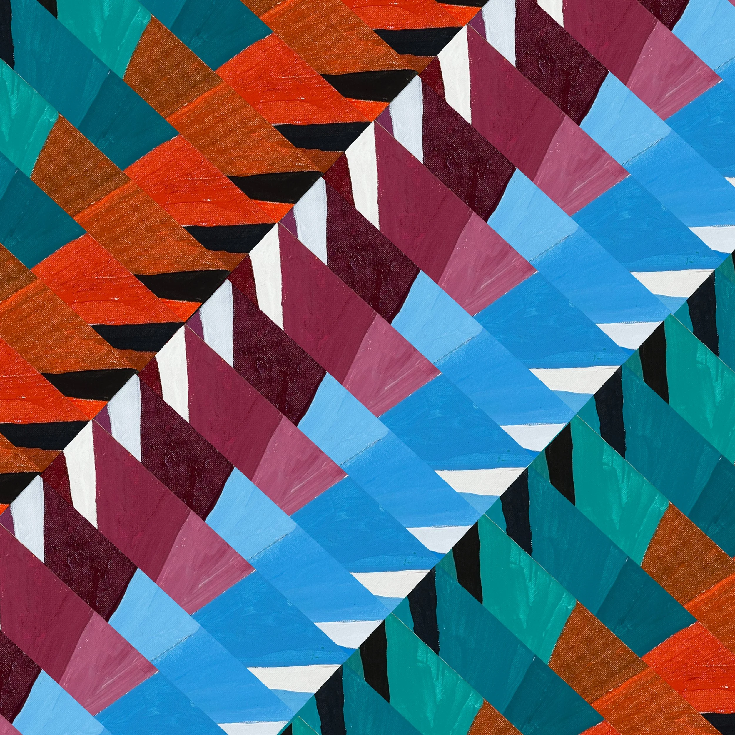 PINWHEEL NO. 6 - Acrylic on canvas board. Diagonal bands of orange, burgundy, mauve, and blue sweep across the surface, the pinwheel unit nearly disappearing into the larger color field movement. A demonstration of how a seemingly simple change in ar