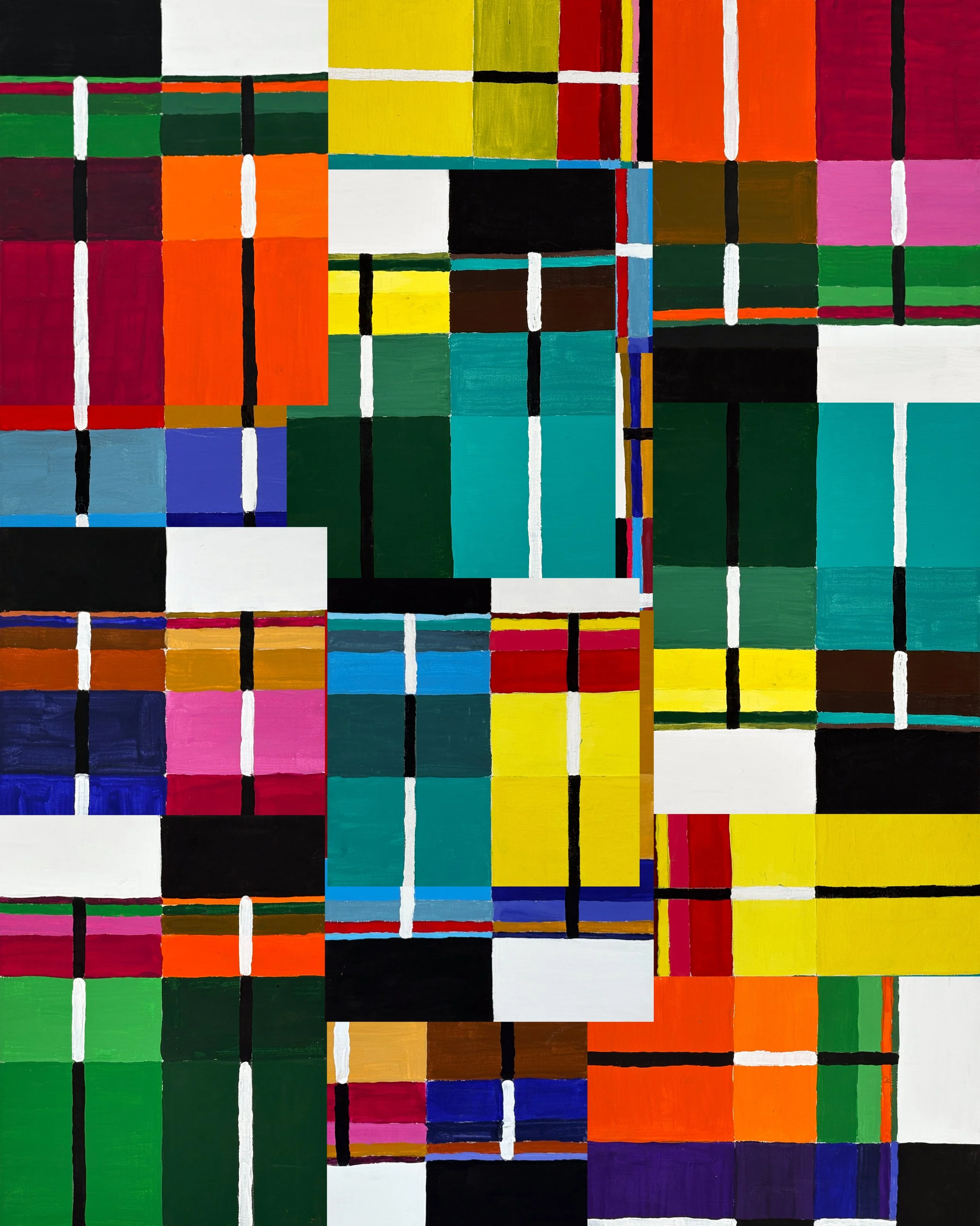 FIELD NO. 12 - Acrylic on canvas board.  Multiple panels, modified. The density here is the result of multiplication rather than accumulation — the surface pushed until it becomes almost too full to read at once. The black and white lines are working