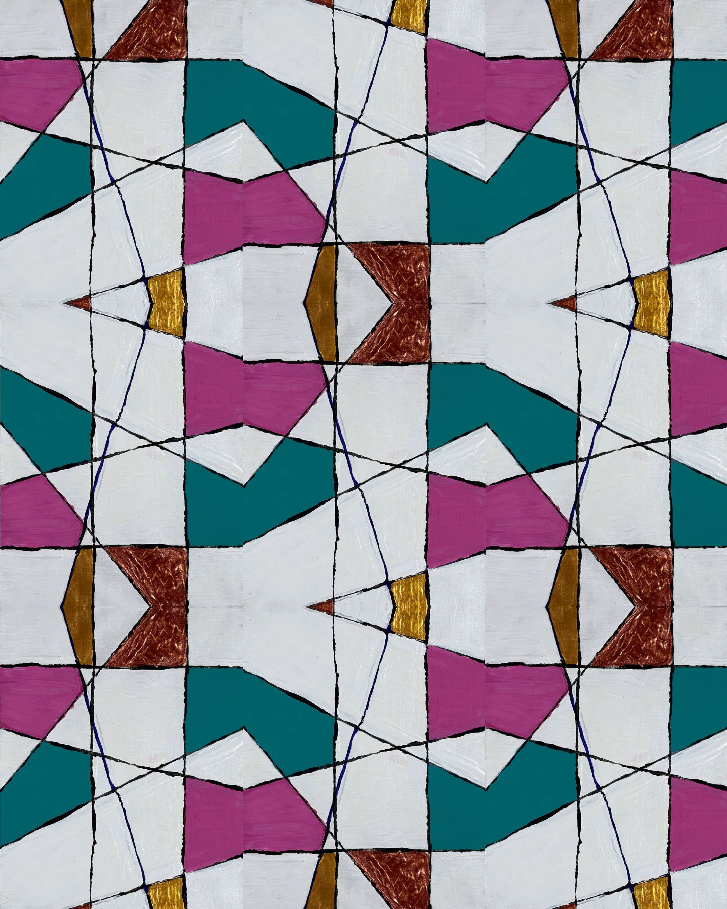 TABLE NO. 1 - Acrylic on canvas board. A dynamic geometric composition of interlocking forms, this work combines teal, magenta, copper-brown, and ochre against a predominantly white ground. Fine black and blue lines create a network of divisions that