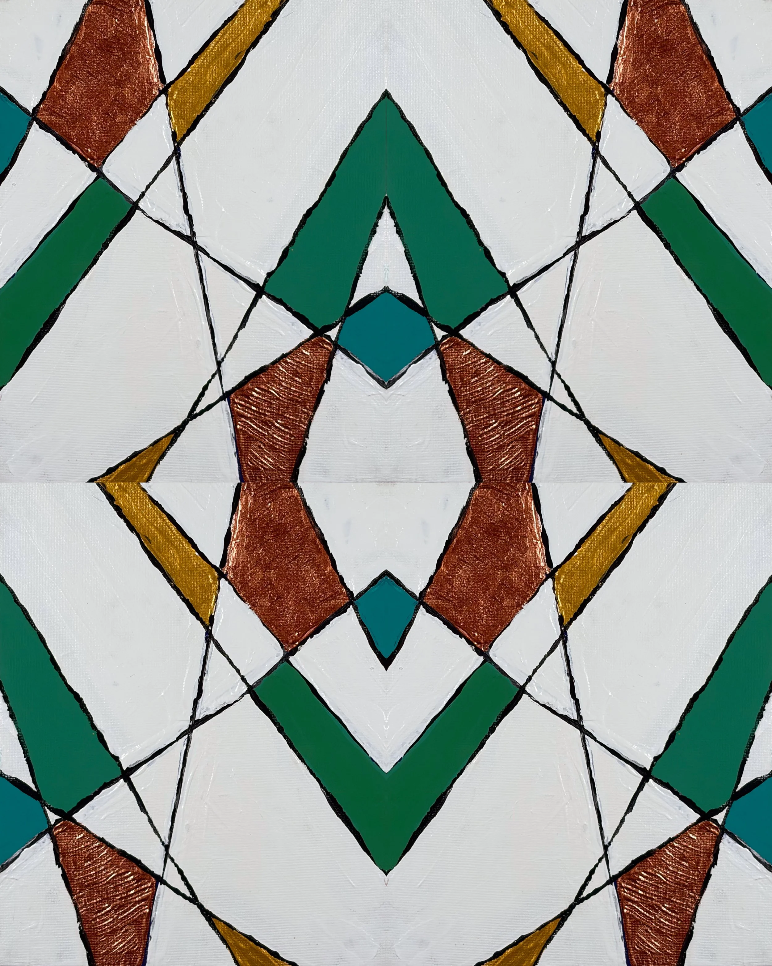 TABLE NO. 7 - Acrylic on canvas board. This striking geometric artwork explores symmetry, repetition, and balance through an intricate arrangement of bold geometric forms. Rich shades of rust, emerald green, ochre, and teal contrast against a luminou