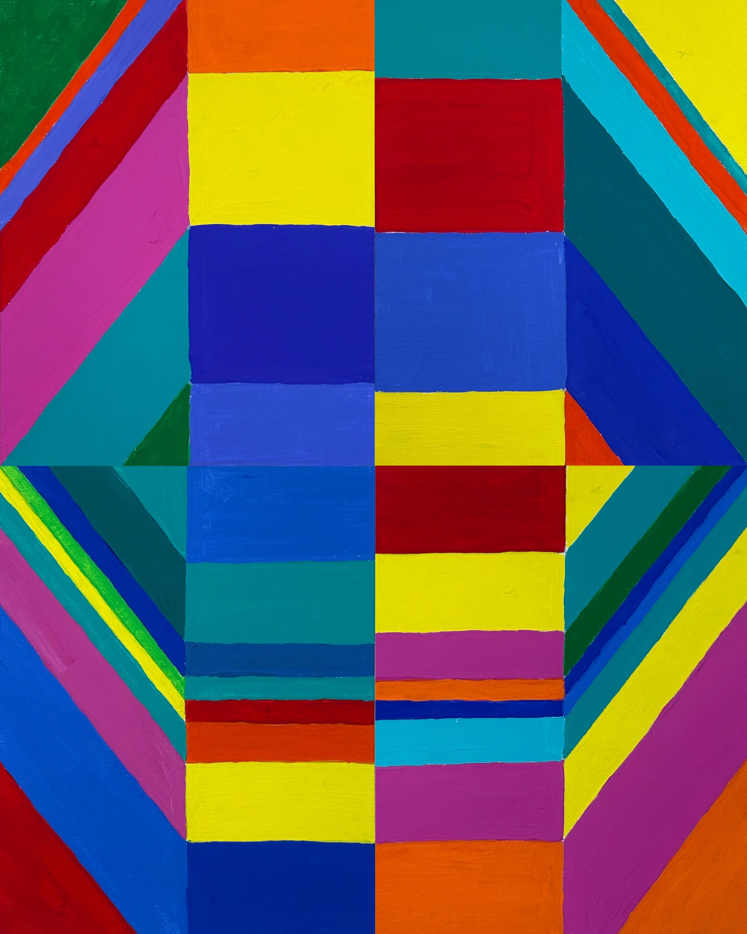 DRIFT NO. 3 - Acrylic on canvas board. Four panels, unmodified. The most centered and structured composition in the collection, a diamond framing device holds a grid core that gives the eye somewhere to land. A moment of relative calm in an otherwise
