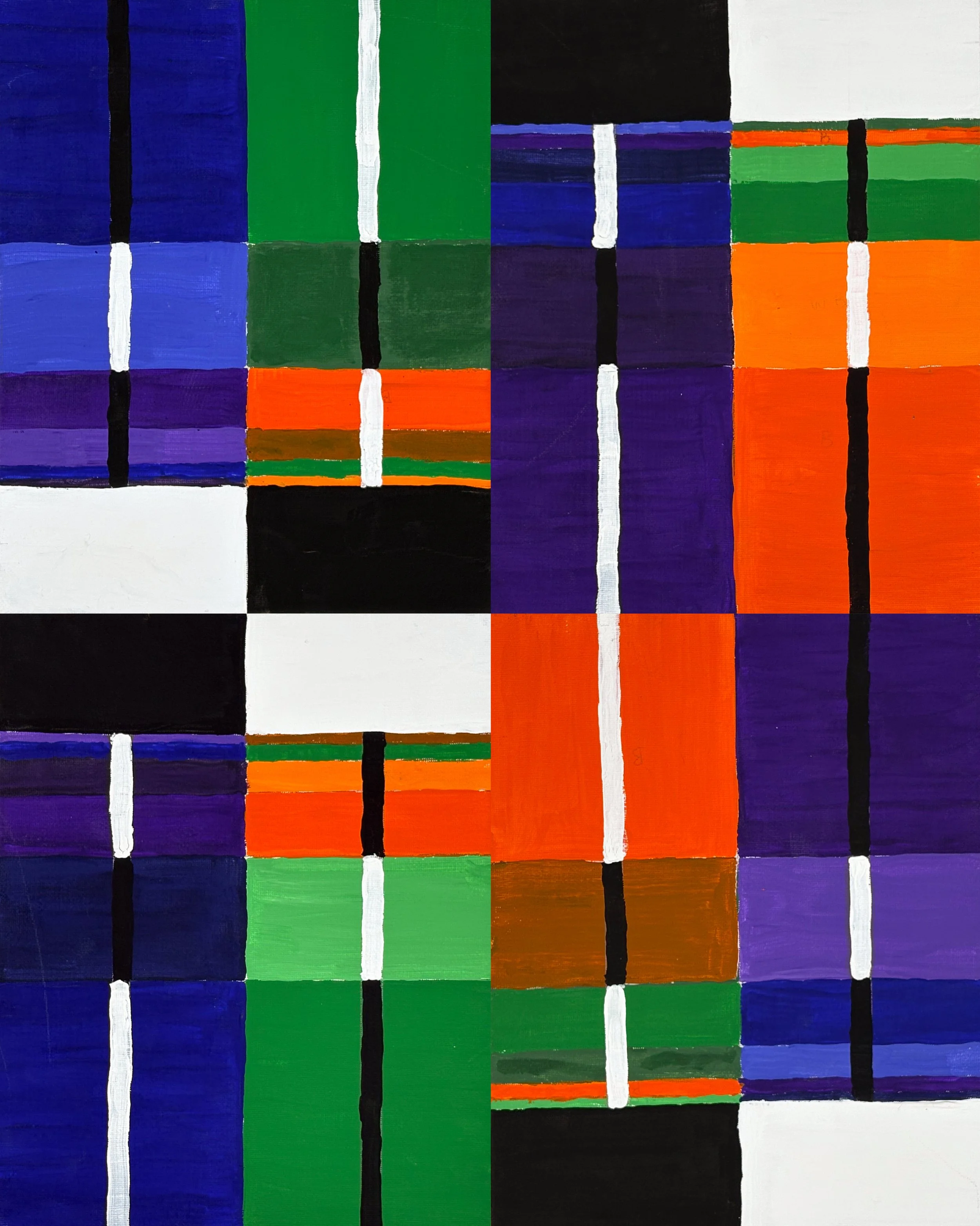 FIELD NO. 1 - Acrylic on canvas board.  Four panels, arranged without digital modification. The base colors, cobalt blue, forest green, orange, and purple, feel lifted directly from an early-summer wildflower field, and the progression across each pa