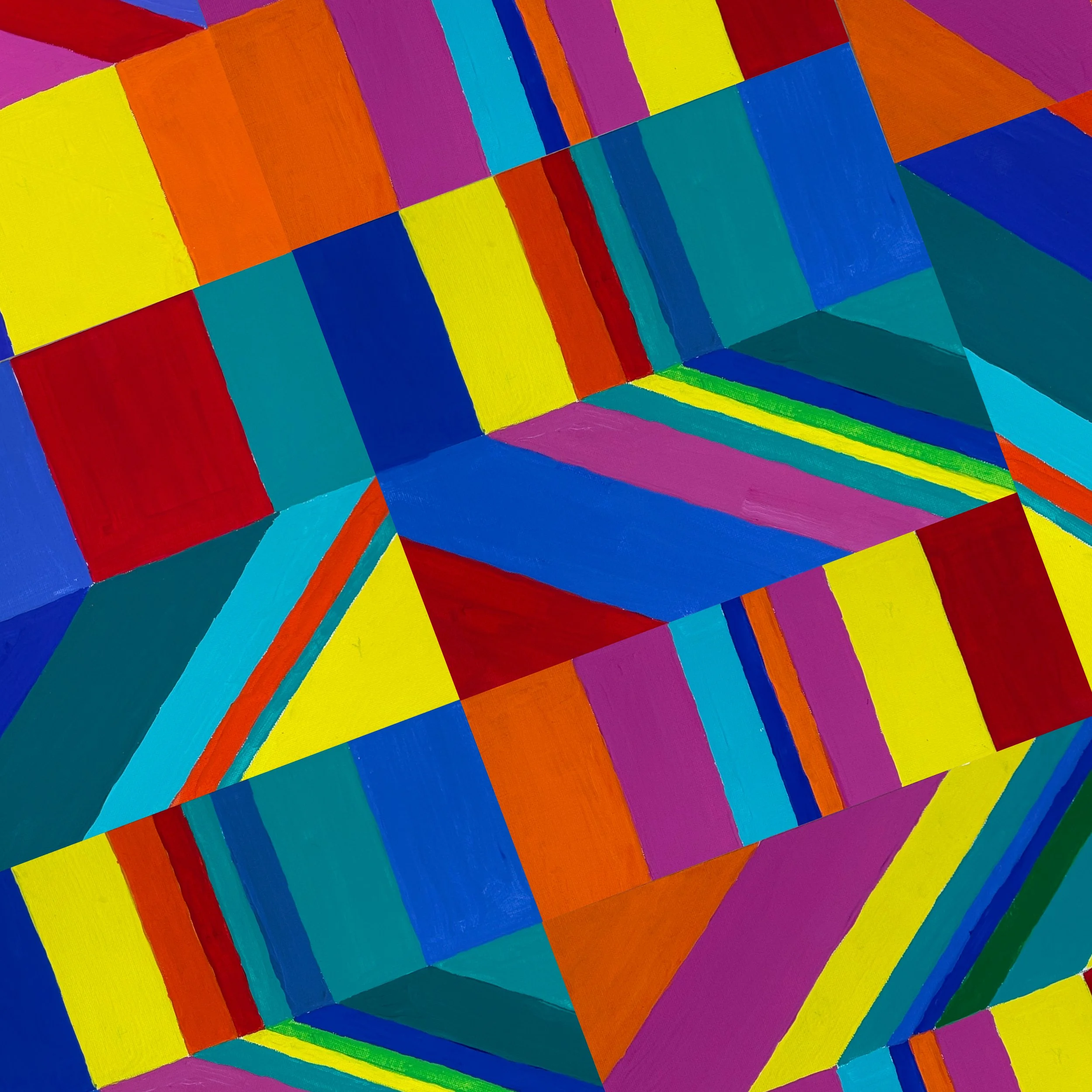 DRIFT NO. 1 - Acrylic on canvas board. A full-spectrum opening that wastes no time, every color present, every panel pushing against the next. The modifications tighten the composition into something dense and immediate, a declaration of intent for e