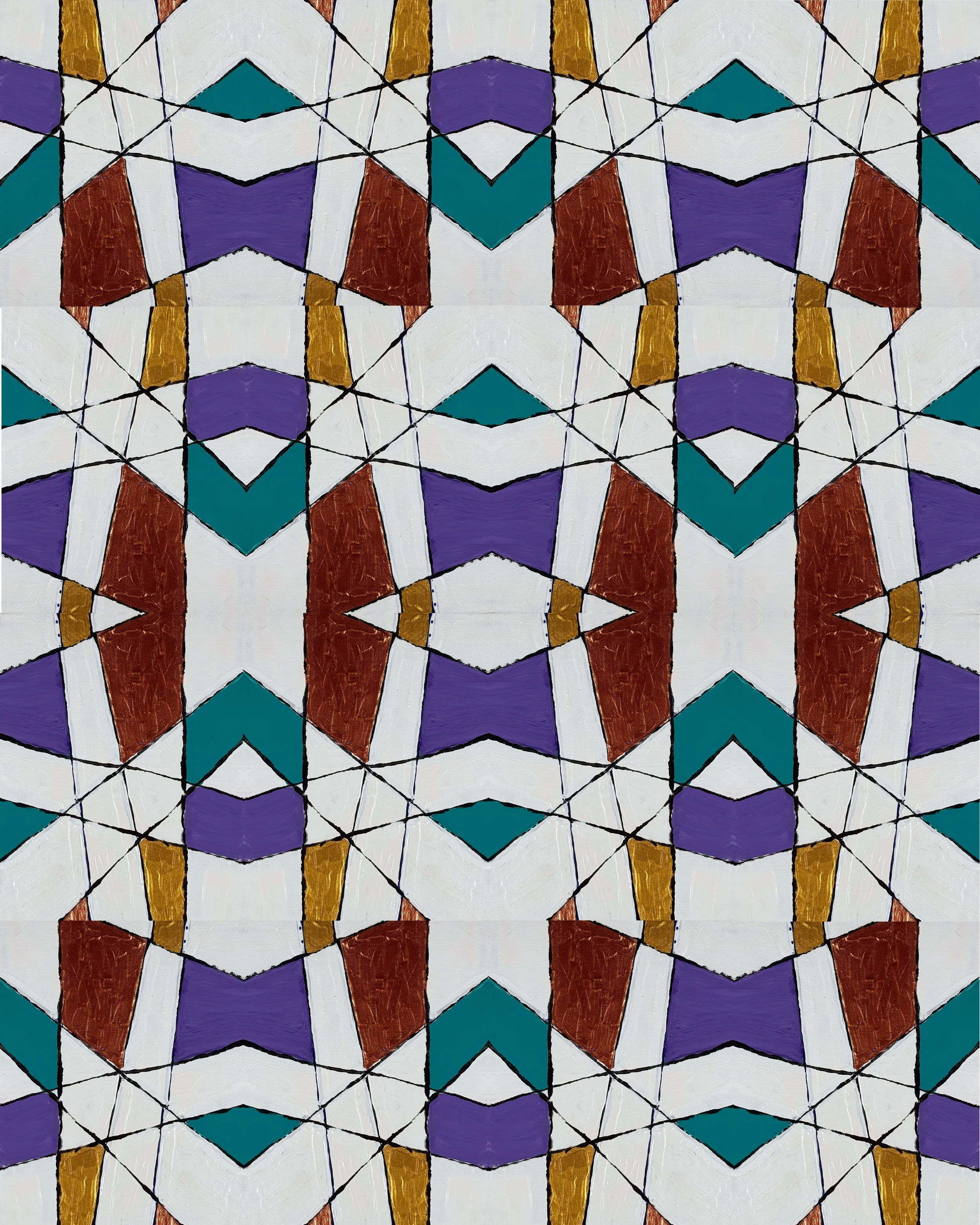 TABLE NO. 6 - Acrylic on canvas board. This geometric artwork transforms hand-drawn shapes into a mesmerizing, repeating pattern of symmetry and movement. Rich teal, purple, rust, and golden tones contrast against a crisp white background, creating a