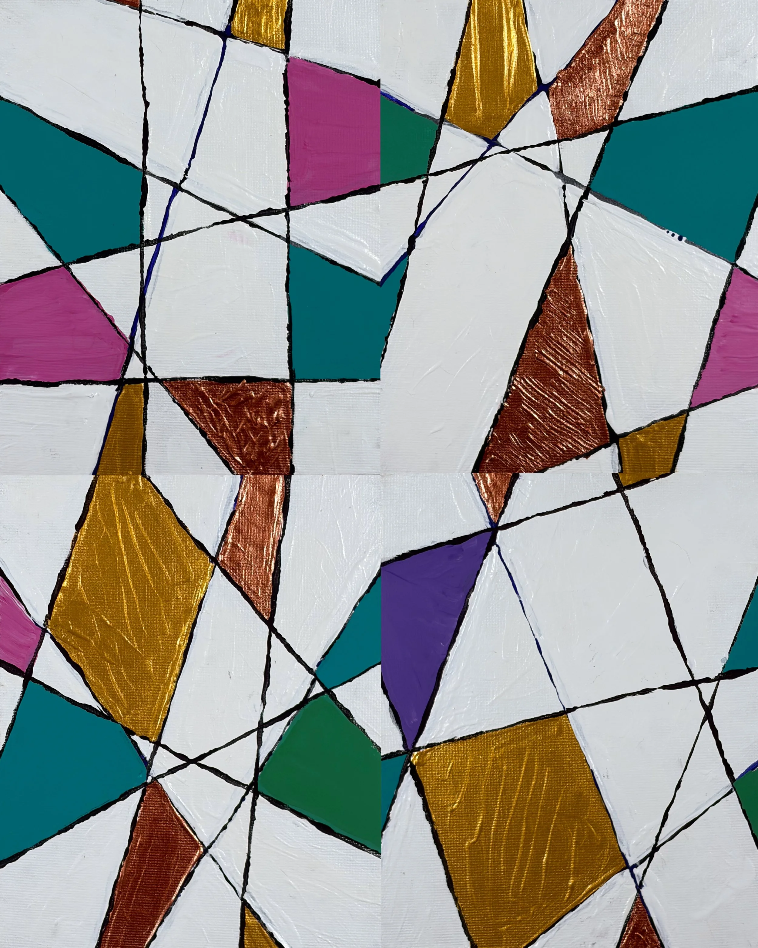 TABLE NO. 4 - Acrylic on canvas board. Four panels together creating angular, interlocking forms in a lively arrangement of teal, magenta, violet, ochre, and copper against a luminous white ground. Strong black lines weave through the geometric shape
