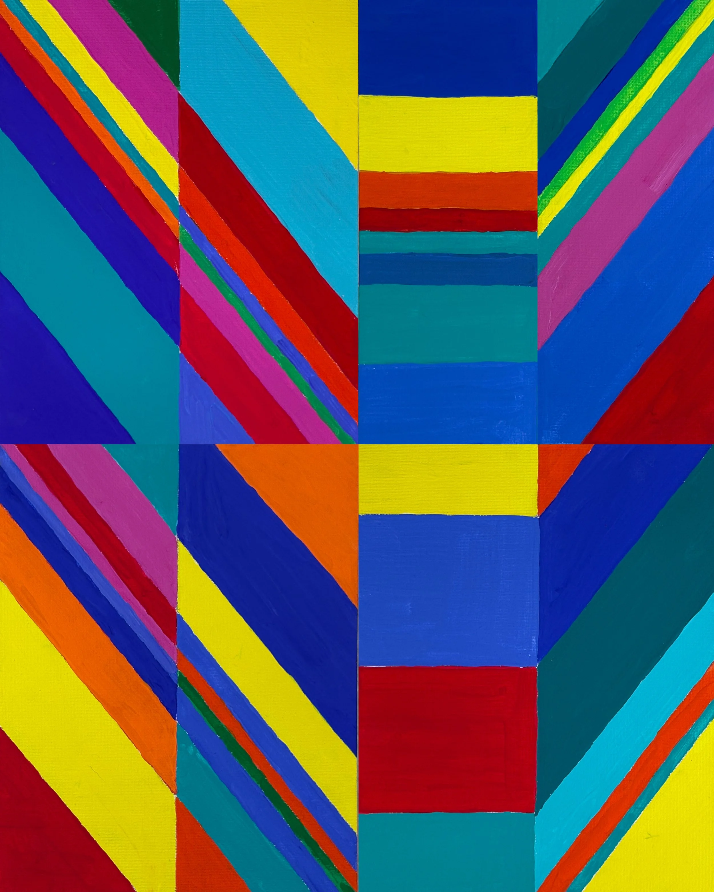 DRIFT NO. 7 - Acrylic on canvas board. Four panels, unmodified. Diagonal panels frame the outer edges while an off-centered, dense stacked-rectangle core runs down the center, kinetic on the periphery, still at the heart. The contrast between those t