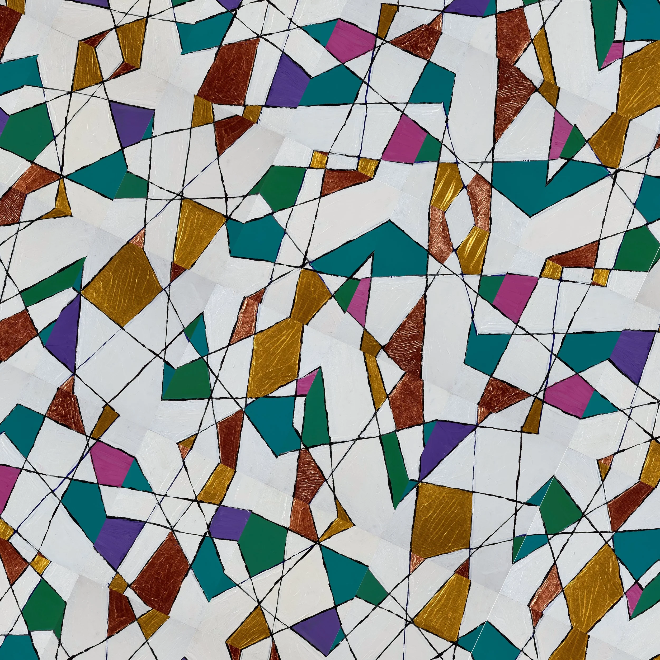 TABLE NO. 5 - Acrylic on canvas board. This energetic abstract composition transforms a field of interlocking geometric shapes into a vibrant visual mosaic. Teal, emerald, magenta, violet, ochre, and copper accents punctuate the predominantly white s